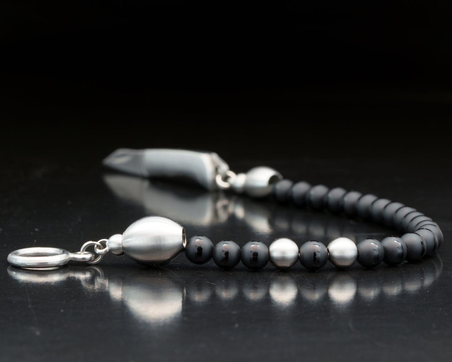SIKH BRACELET | DZI BLACK STRIP ONYX STONE | 2 DOTS SILVER MATTE STEEL GEM | 6MM
