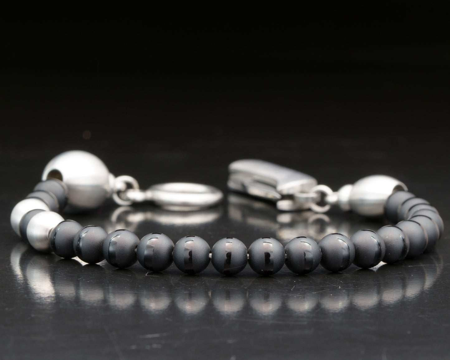 SIKH BRACELET | DZI BLACK STRIP ONYX STONE | 2 DOTS SILVER MATTE STEEL GEM | 6MM