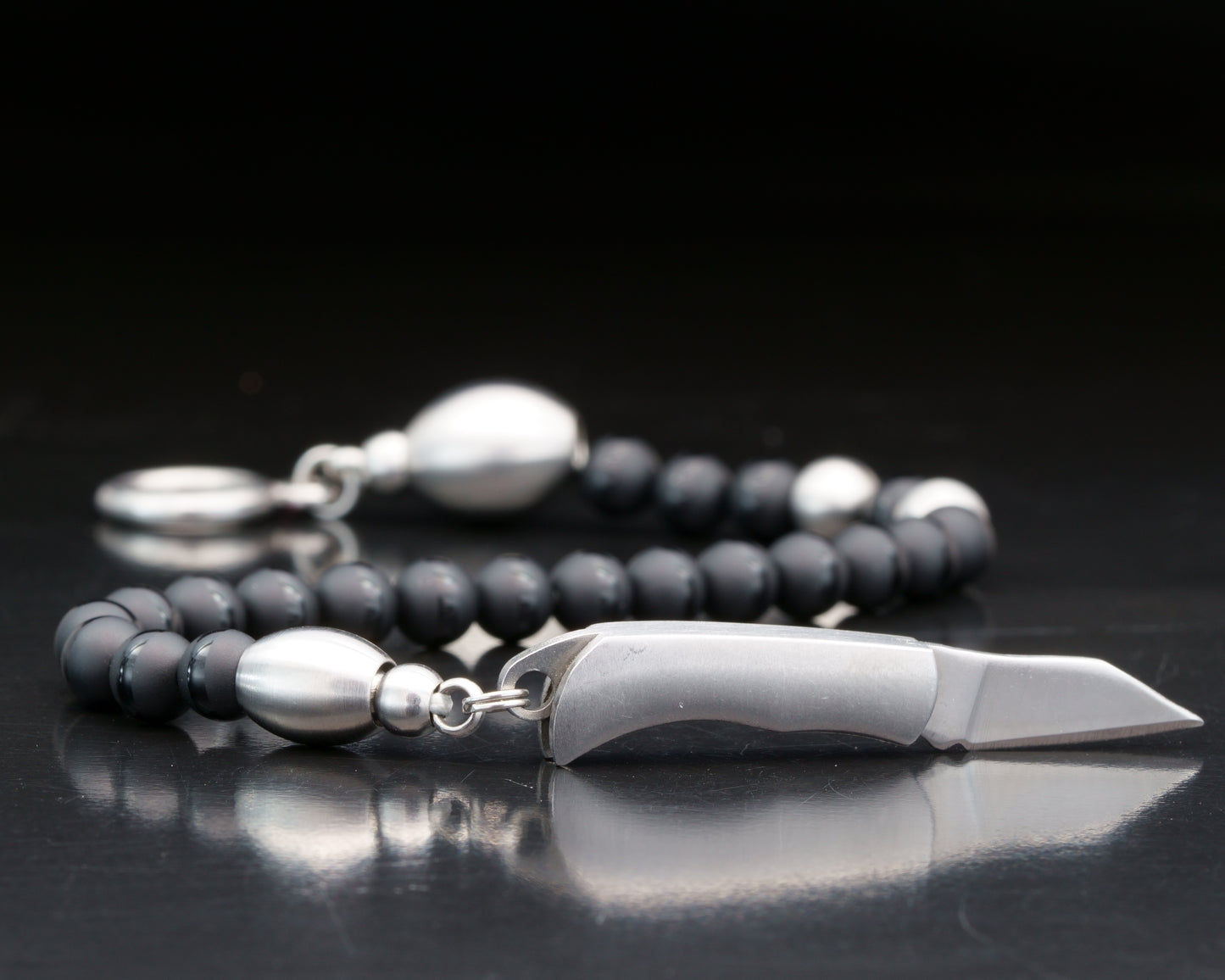 SIKH BRACELET | DZI BLACK STRIP ONYX STONE | 2 DOTS SILVER MATTE STEEL GEM | 6MM