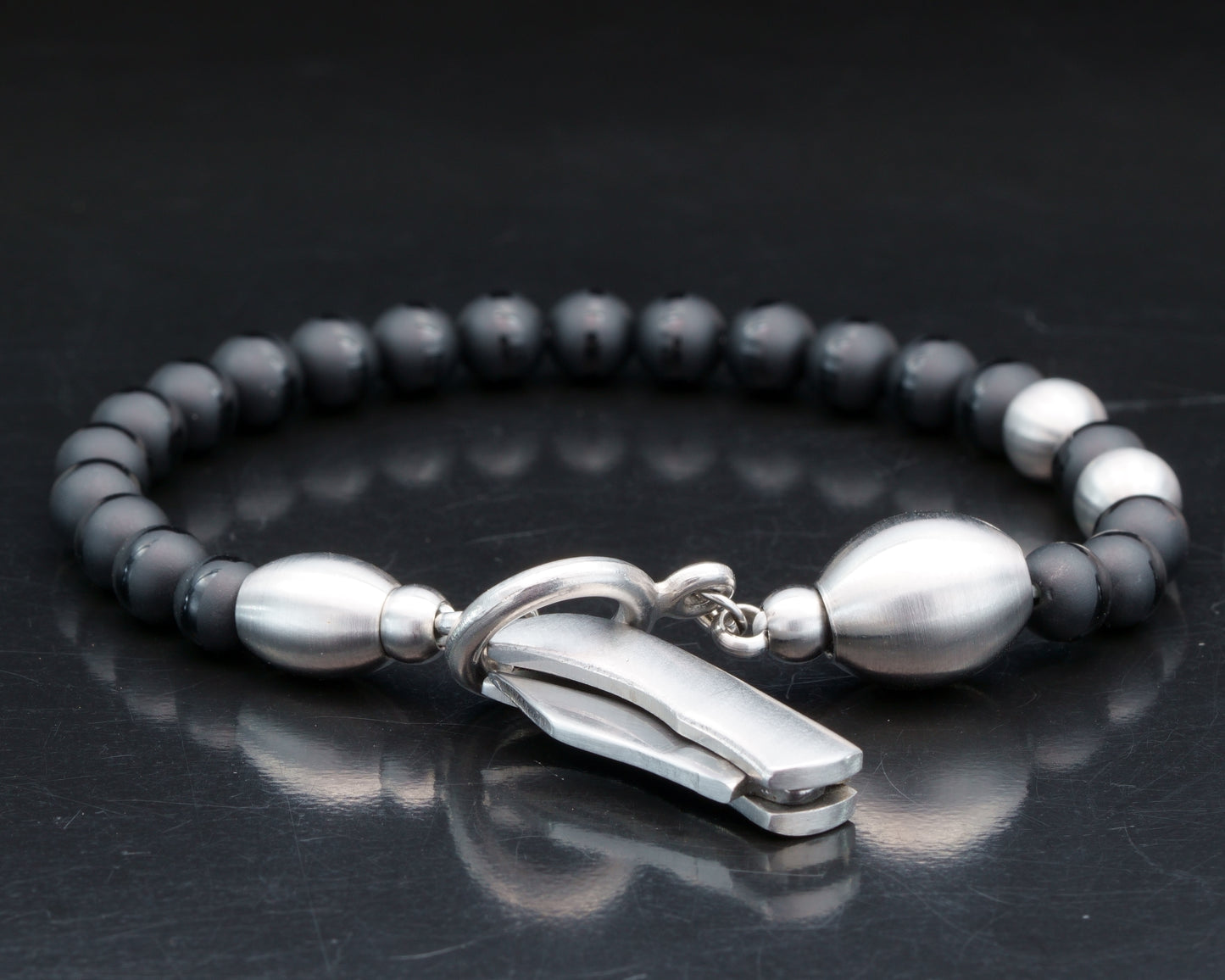 SIKH BRACELET | DZI BLACK STRIP ONYX STONE | 2 DOTS SILVER MATTE STEEL GEM | 6MM