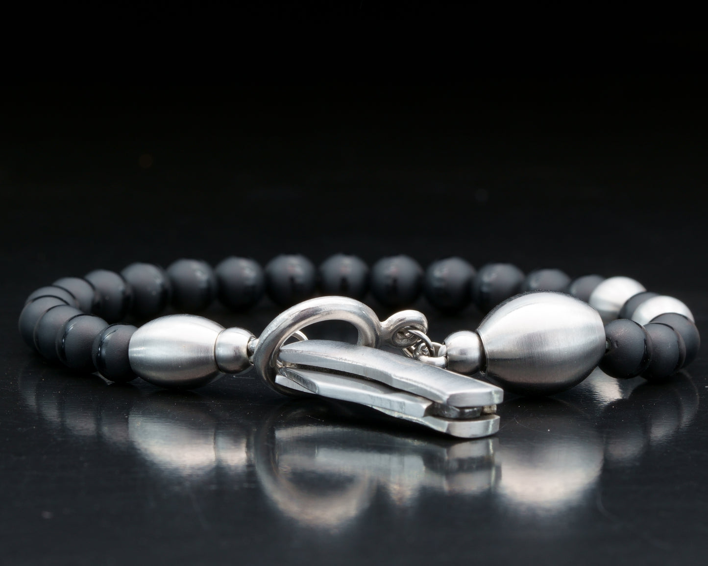SIKH BRACELET | DZI BLACK STRIP ONYX STONE | 2 DOTS SILVER MATTE STEEL GEM | 6MM