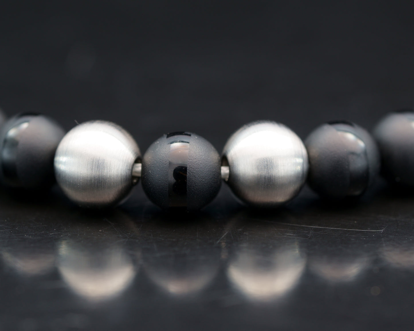 SIKH BRACELET | DZI BLACK STRIP ONYX STONE | 2 DOTS SILVER MATTE STEEL GEM | 6MM