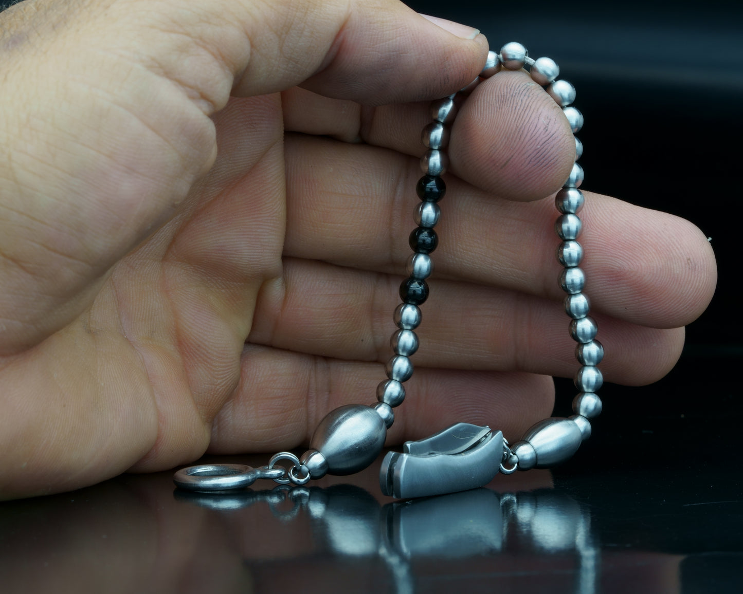 SIKH BRACELET | SILVER MATTE HAND POLISHED STEEL | 3 BLACK STEEL GEM | 5MM