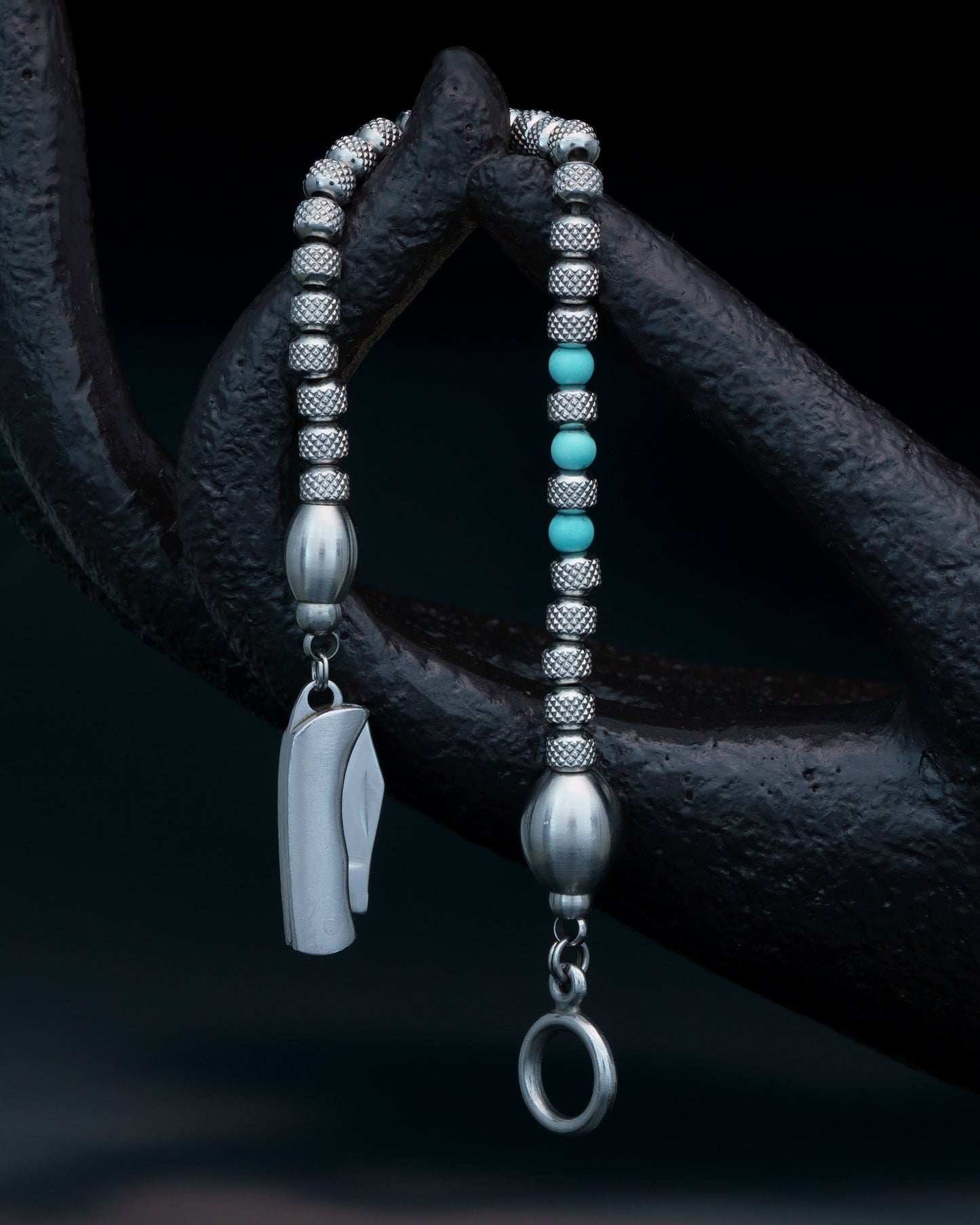 SIKH BRACELET | RUDRAKSHA STEEL BEADS | 3 TURQUOISE GEM | 5MM