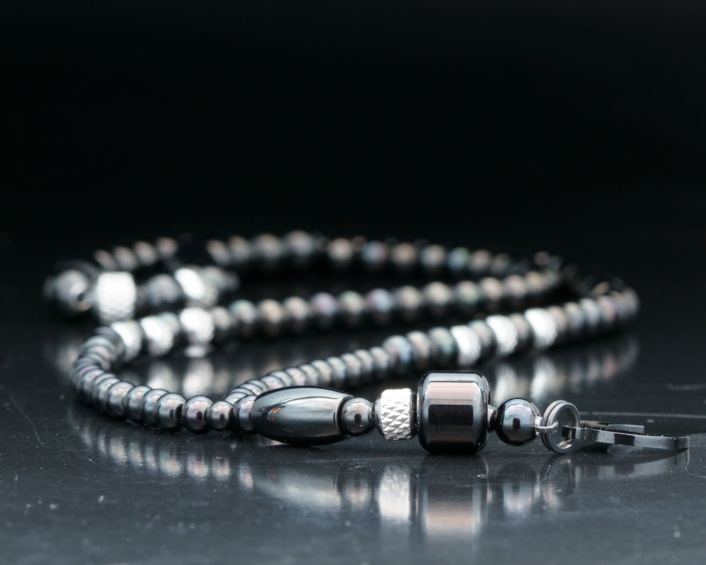 HARA NECKLACE | BLACK STEEL BEADS | 3 DOTS | CRESCENT PENDANT
