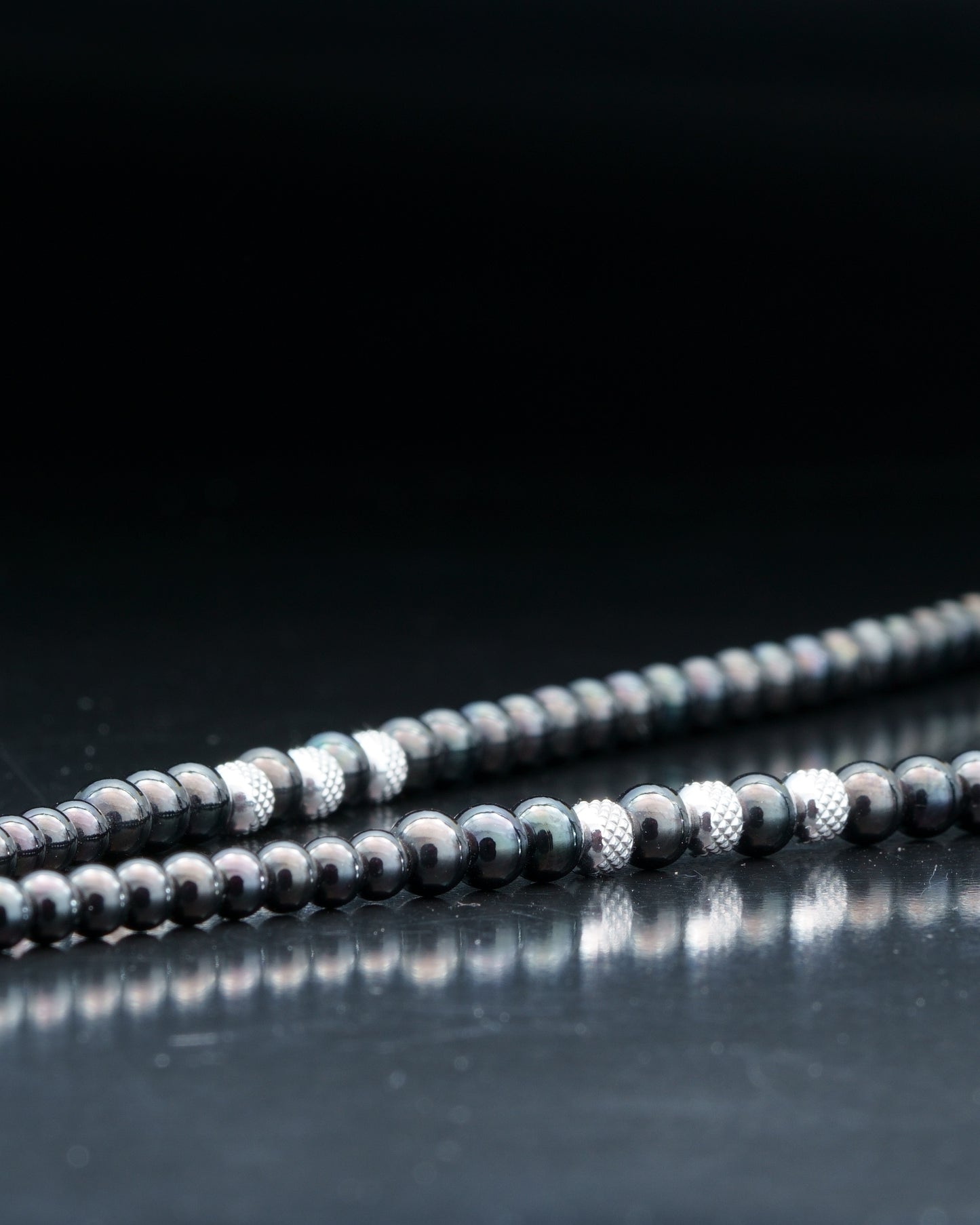HARA NECKLACE | BLACK STEEL BEADS | 3 DOTS | CRESCENT PENDANT