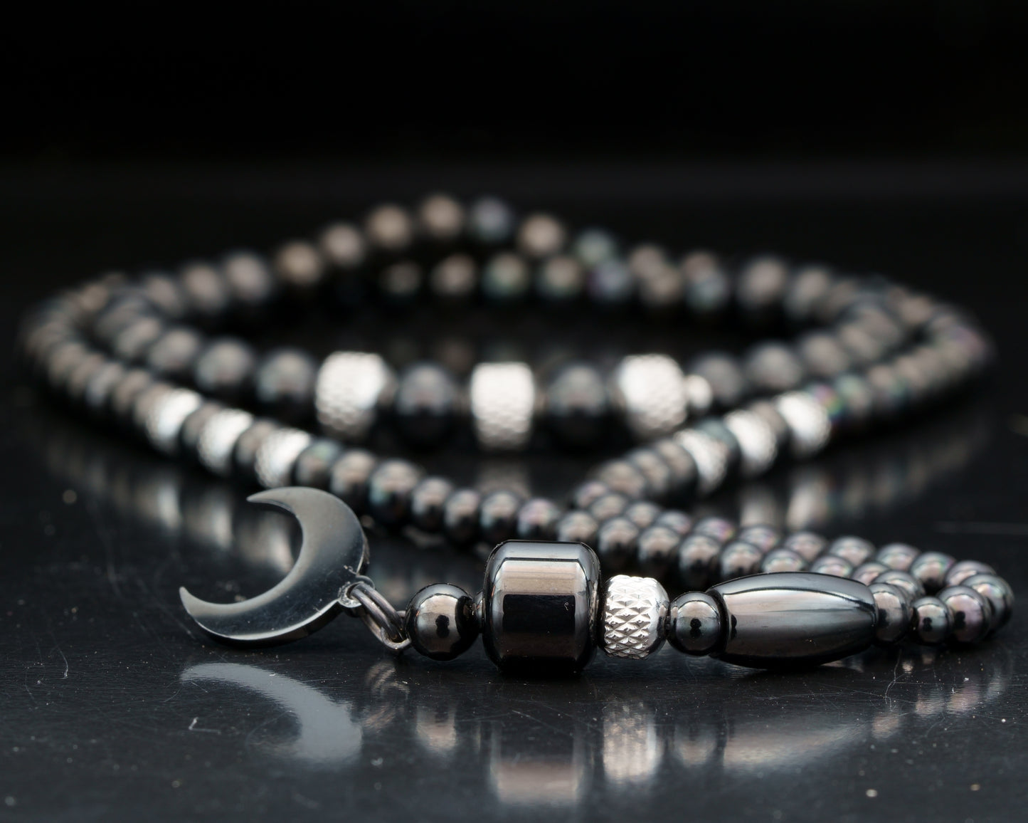 HARA NECKLACE | BLACK STEEL BEADS | 3 DOTS | CRESCENT PENDANT