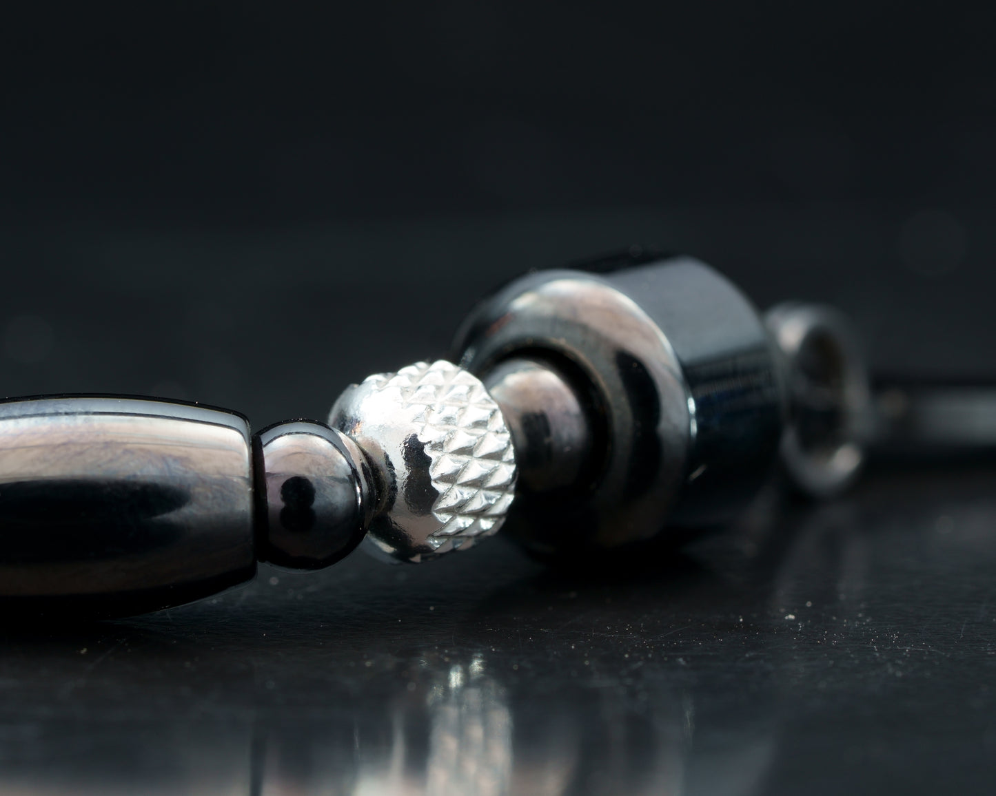 HARA NECKLACE | BLACK STEEL BEADS | 3 DOTS | CRESCENT PENDANT