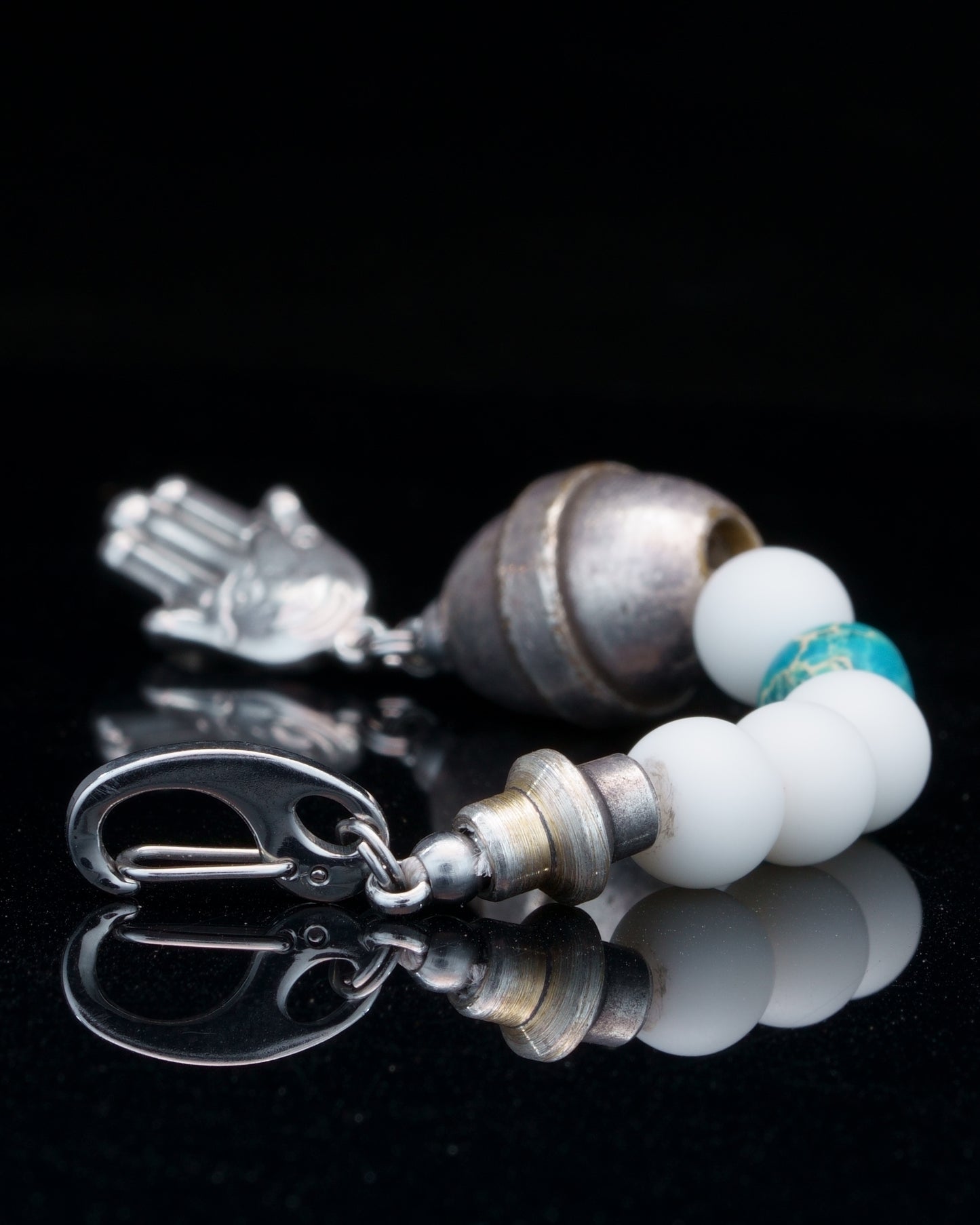 JABBAWOKEY EVIL EYE | WHITE TOURMALINE | TOURQUIZE GEM | GREECK MADE MAIN BEAD | HAMSA PENDANT | 8MM