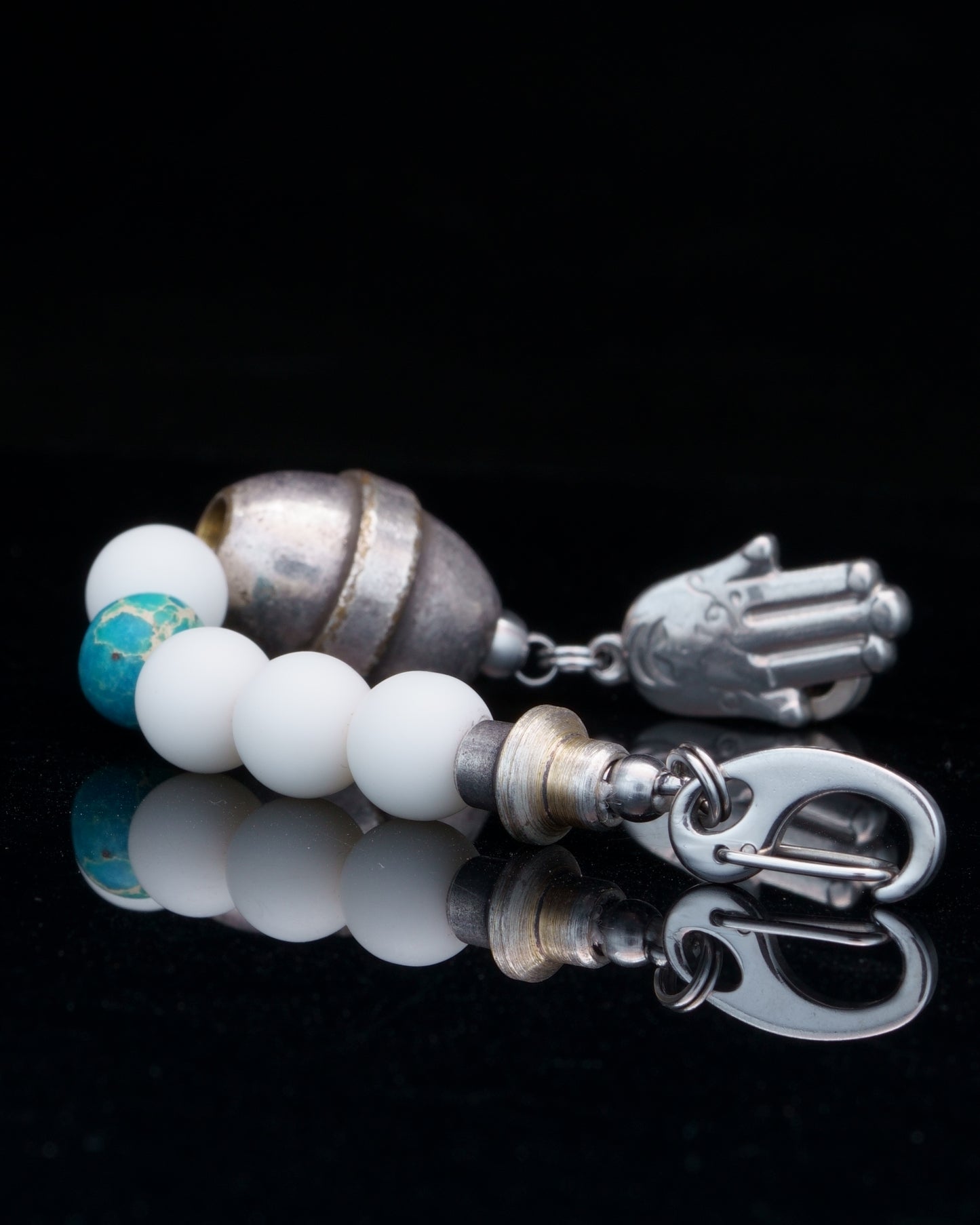 JABBAWOKEY EVIL EYE | WHITE TOURMALINE | TOURQUIZE GEM | GREECK MADE MAIN BEAD | HAMSA PENDANT | 8MM