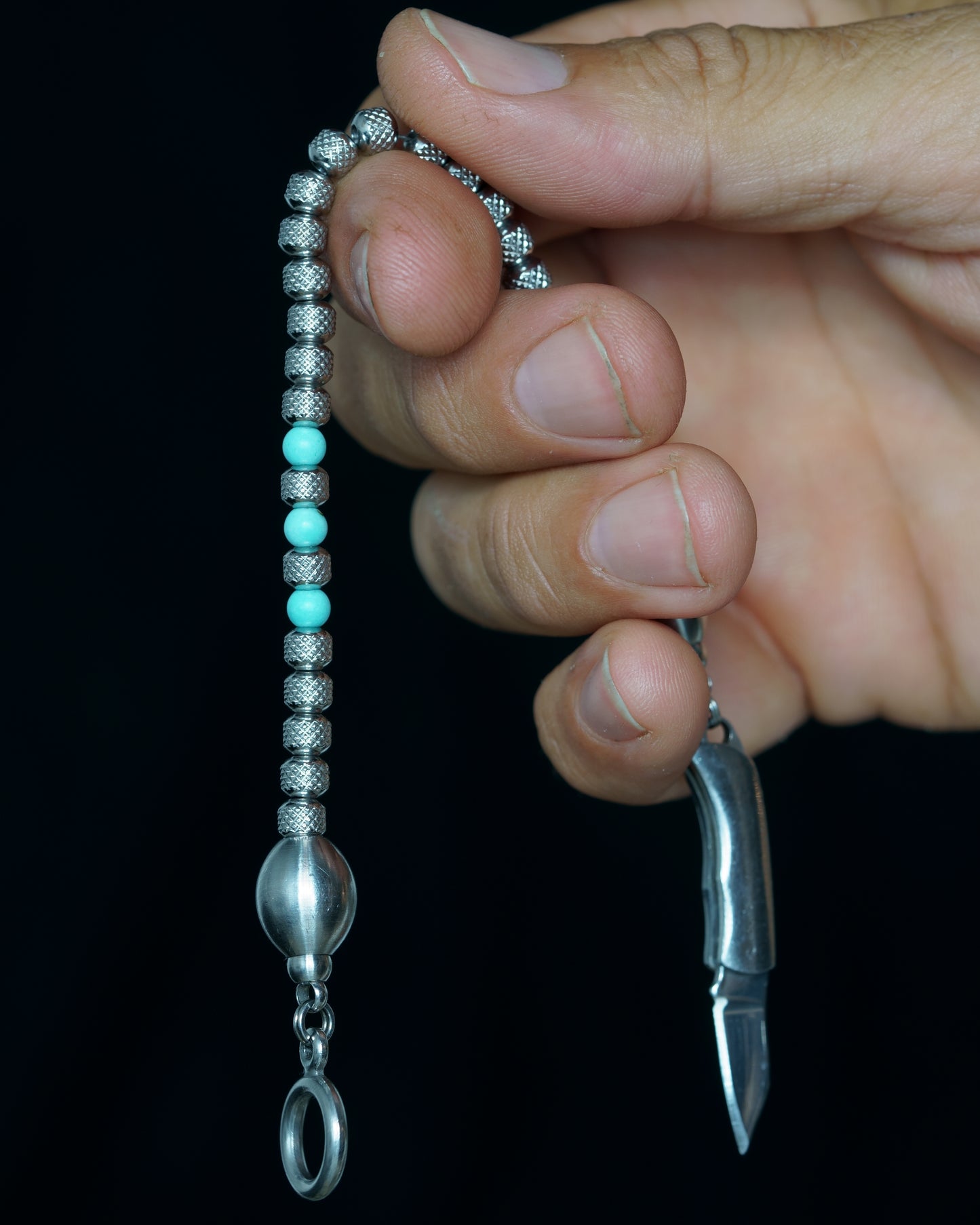 SIKH BRACELET | RUDRAKSHA STEEL BEADS | 3 TURQUOISE GEM | 5MM