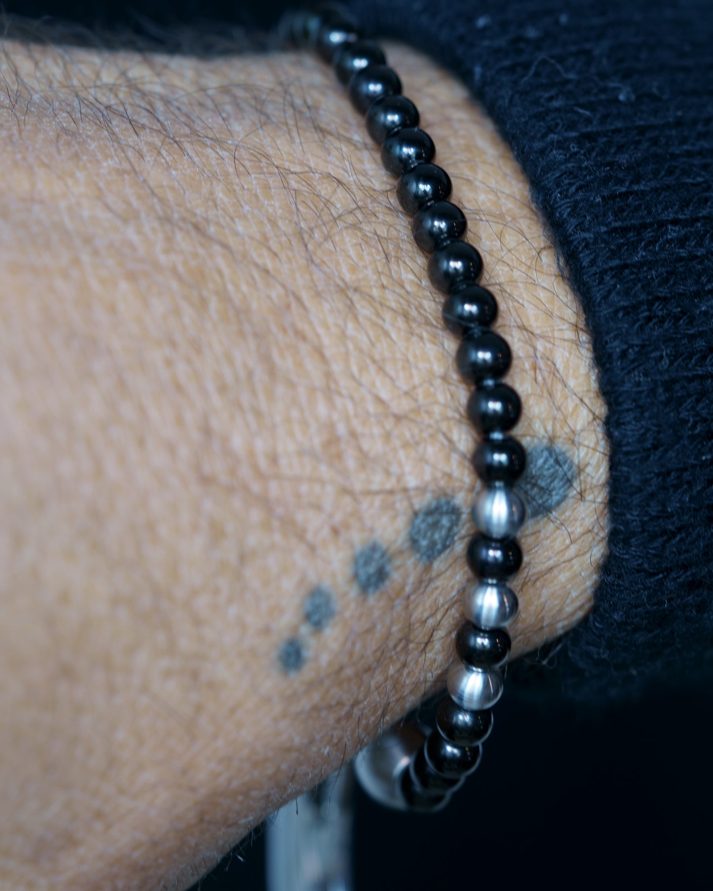 SIKH BRACELET | BLACK STEEL BEADS | 3 SILVER GEM | 5MM