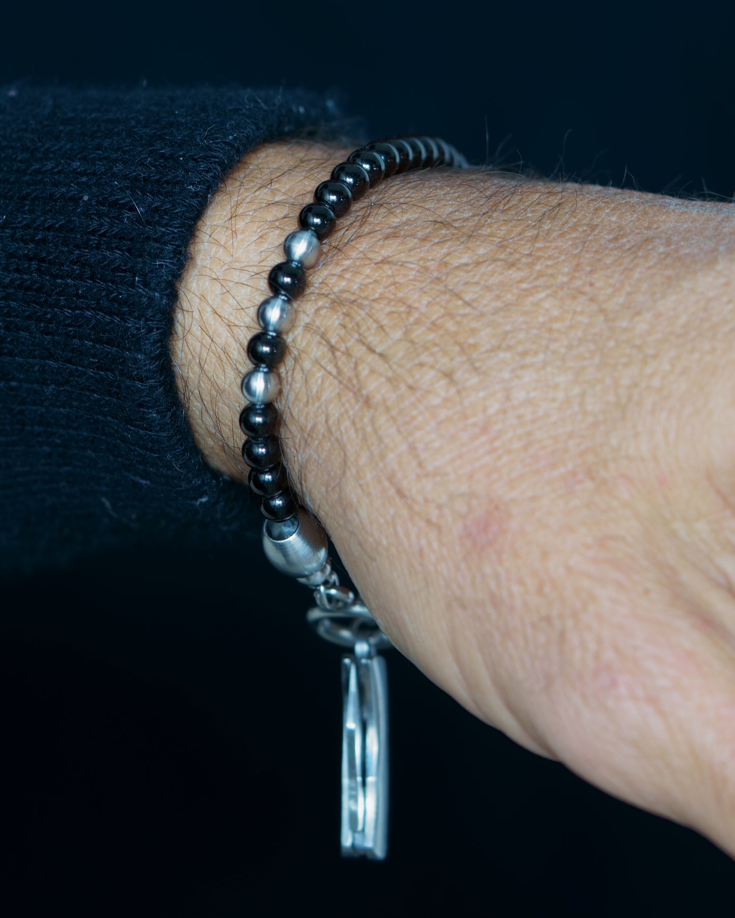 SIKH BRACELET | BLACK STEEL BEADS | 3 SILVER GEM | 5MM