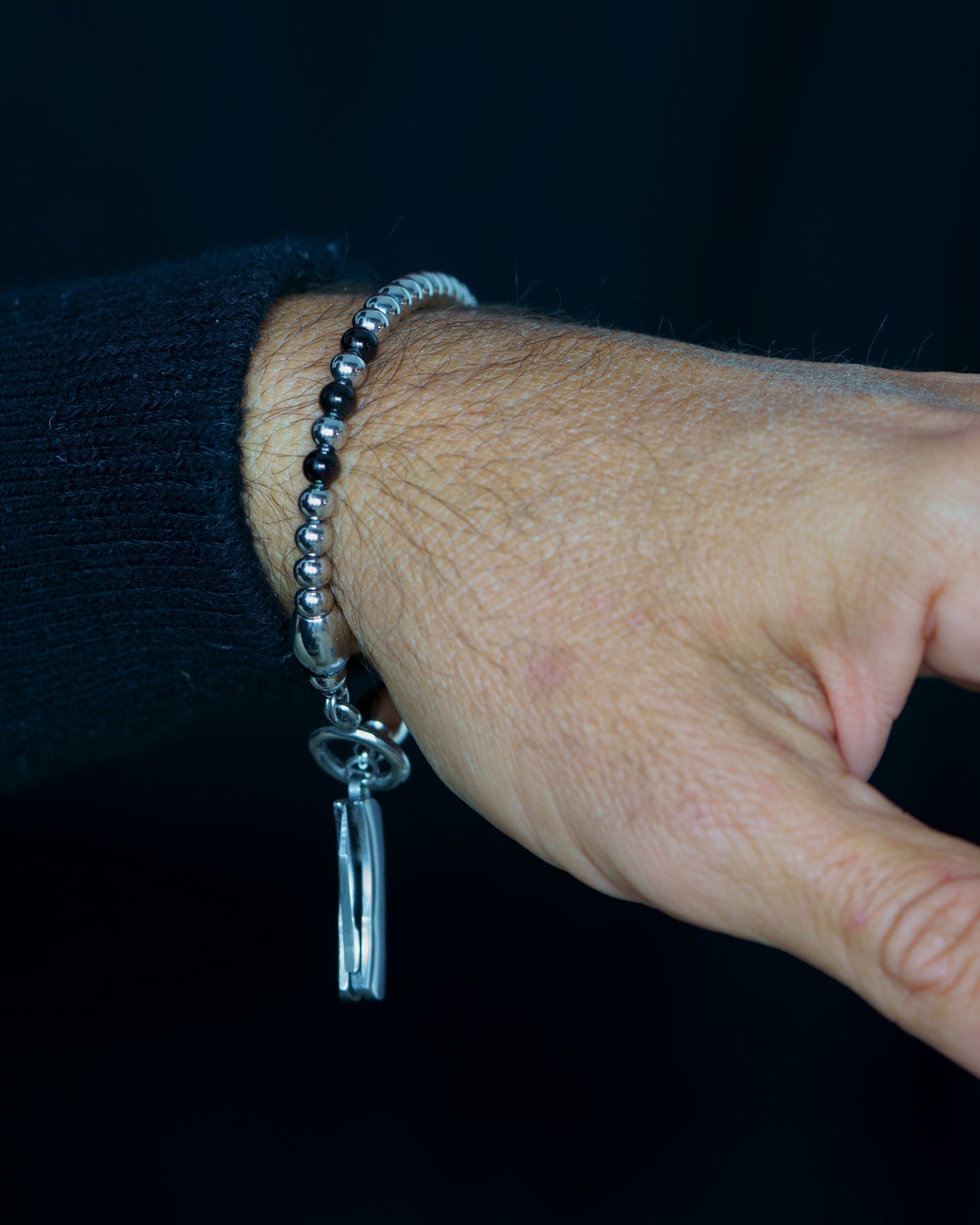 SIKH BRACELET | SILVER STEEL BEADS | 3 BLACK GEM | 5MM