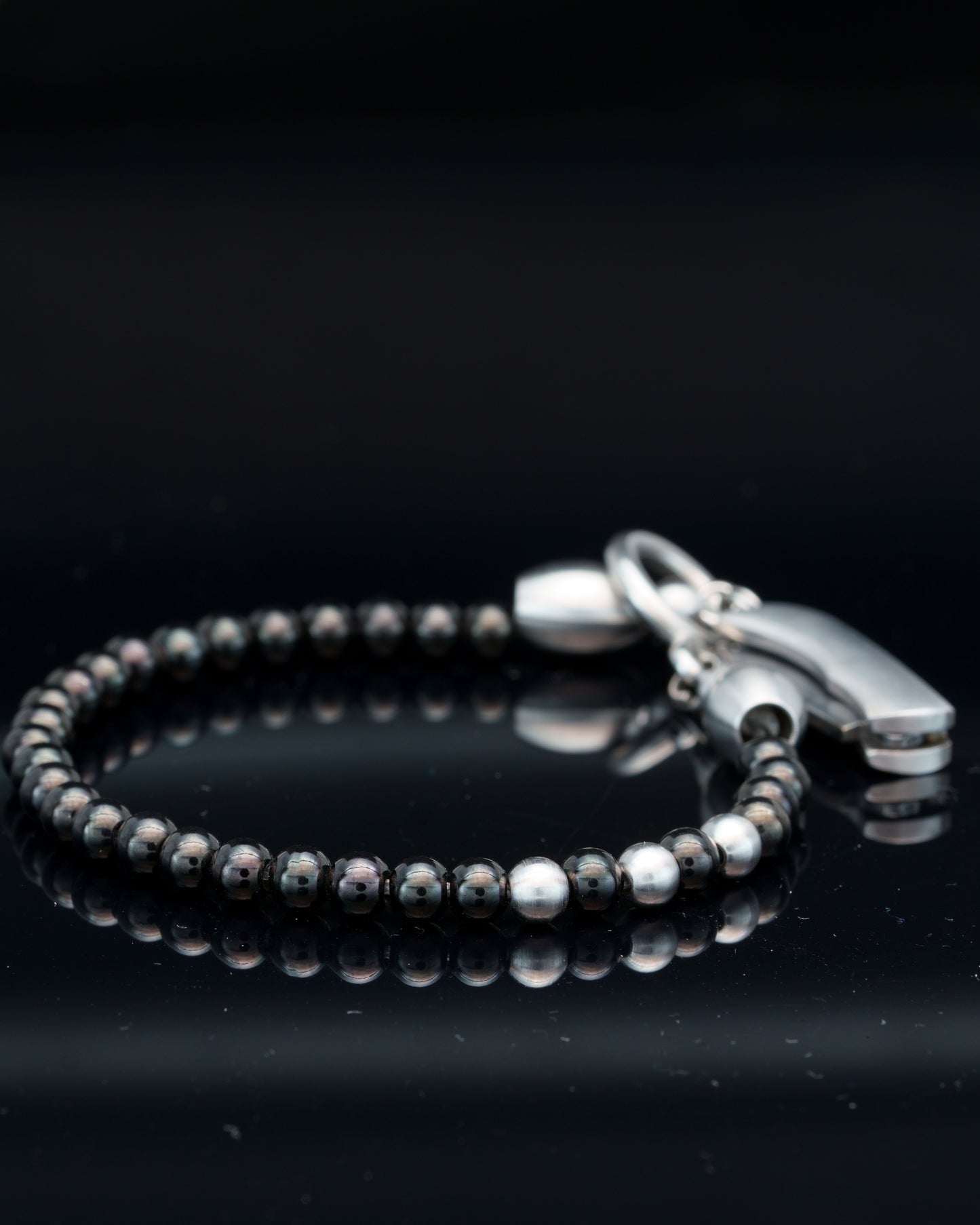SIKH BRACELET | BLACK STEEL BEADS | 3 SILVER GEM | 5MM