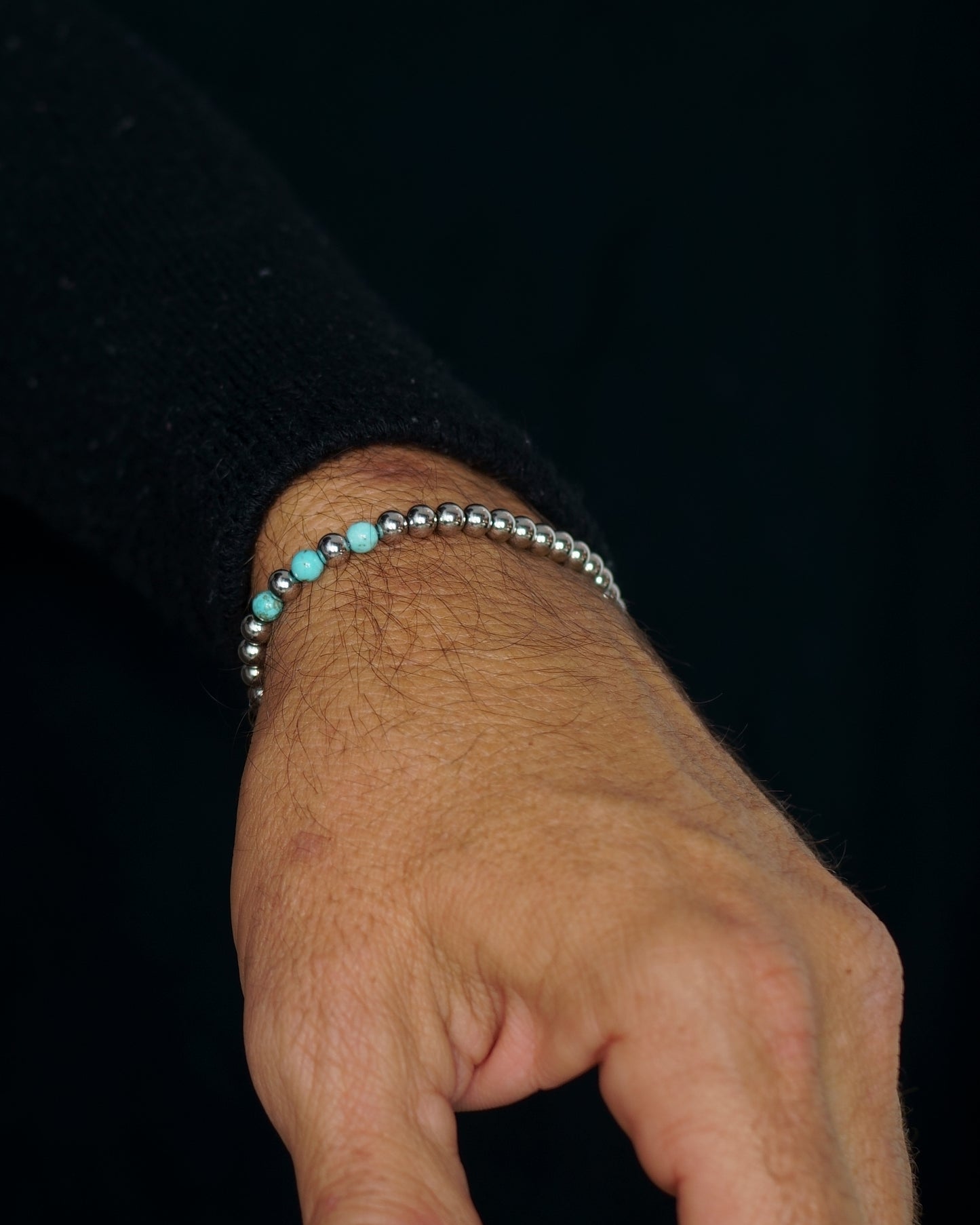 SIKH BRACELET | SILVER STEEL BEADS | 3 TURQUOISE GEM | 5MM