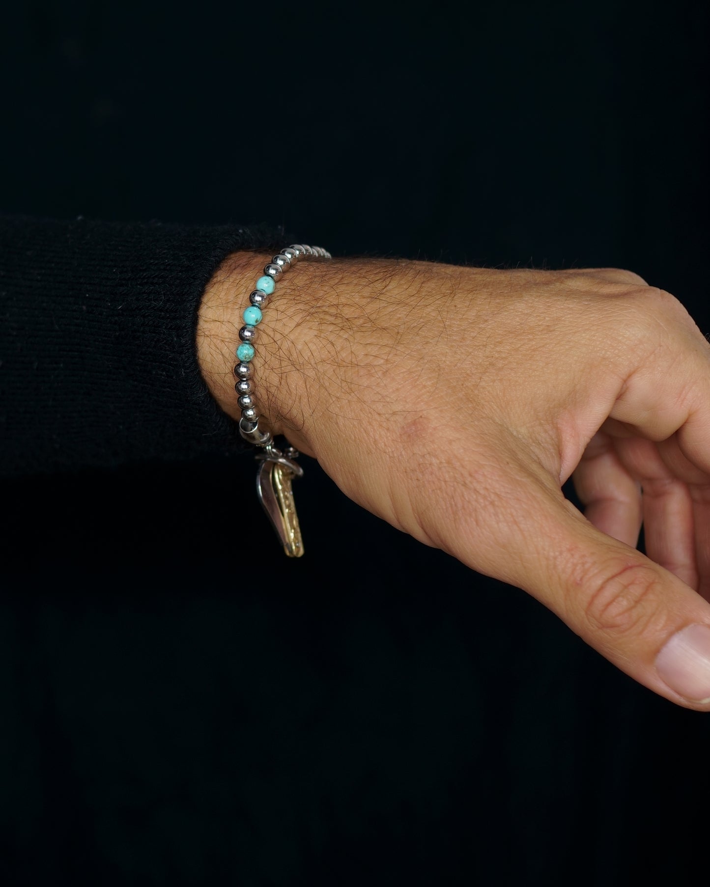 SIKH BRACELET | SILVER STEEL BEADS | 3 TURQUOISE GEM | 5MM