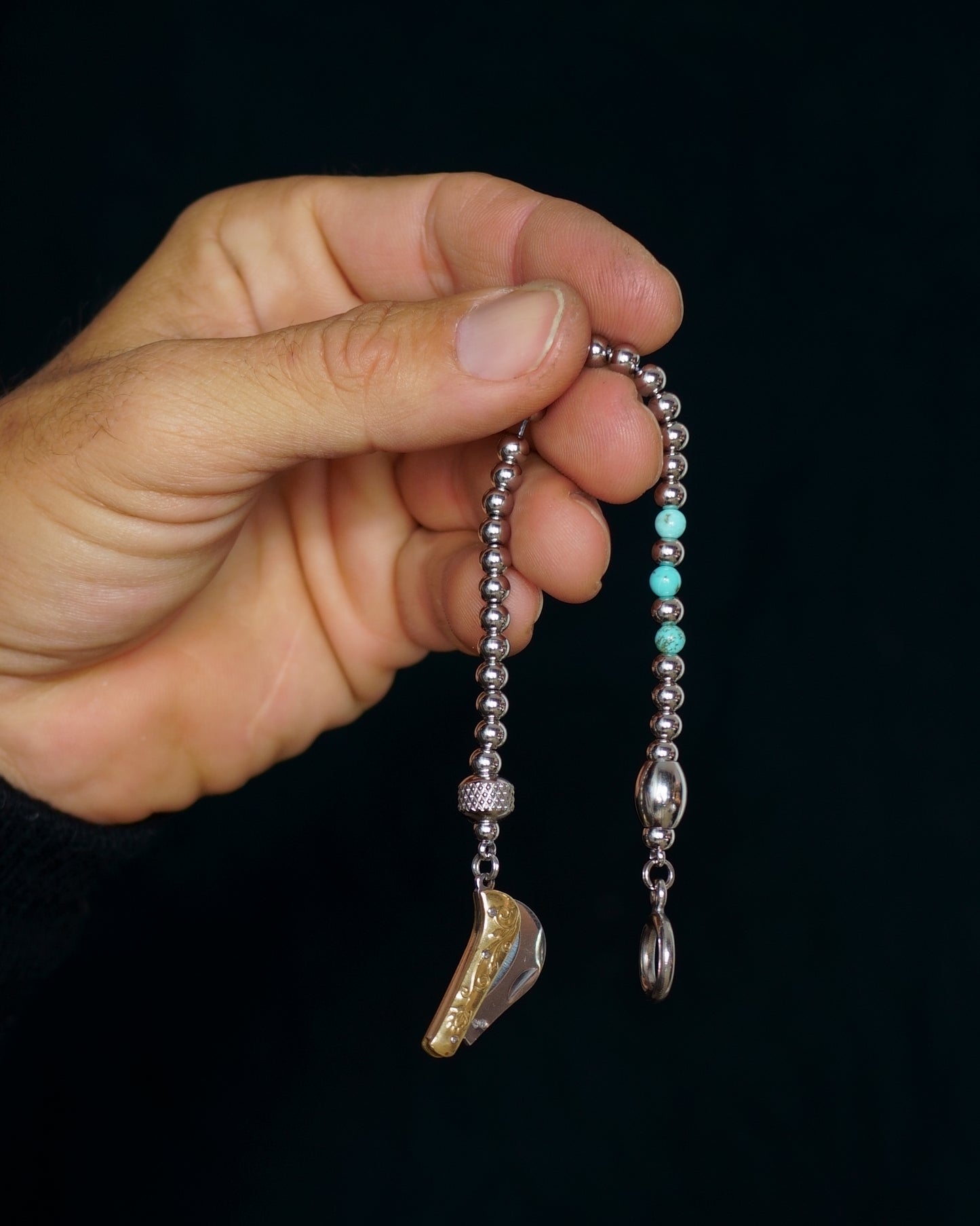 SIKH BRACELET | SILVER STEEL BEADS | 3 TURQUOISE GEM | 5MM