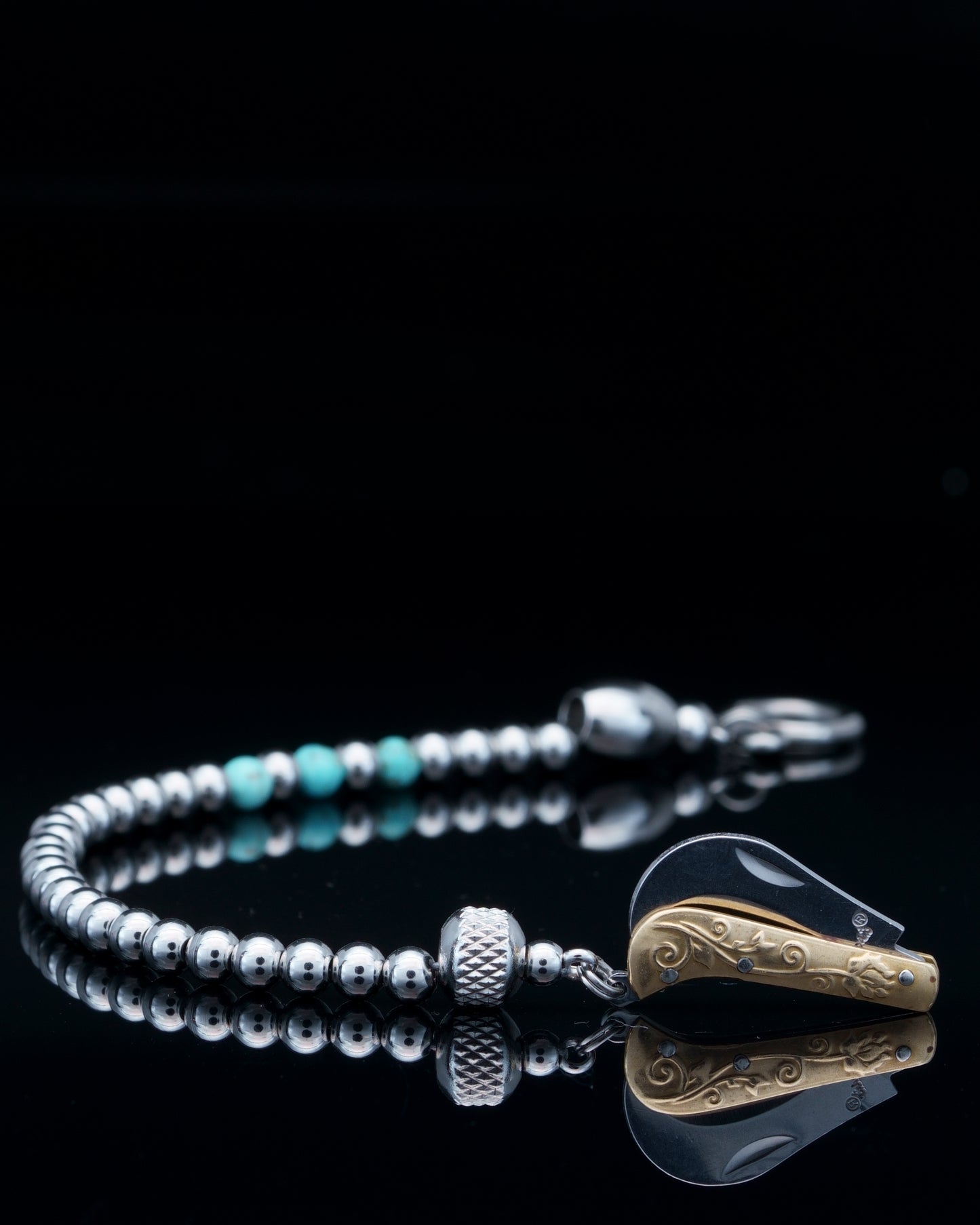 SIKH BRACELET | SILVER STEEL BEADS | 3 TURQUOISE GEM | 5MM