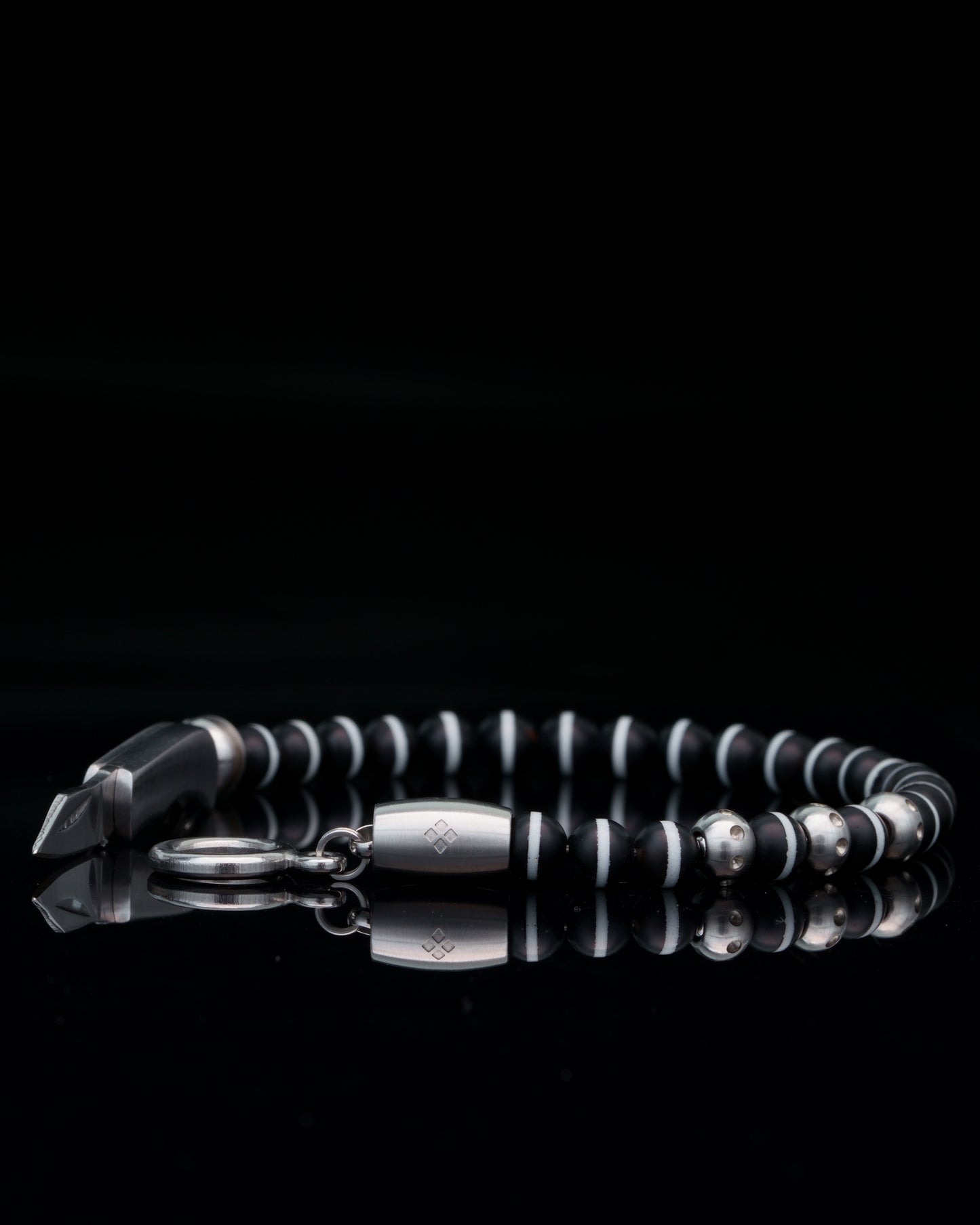 SIKH BRACELET | BLACK DZI WHITE STRIPE ONYX | CROWN MATTE STEEL GEM | 6MM