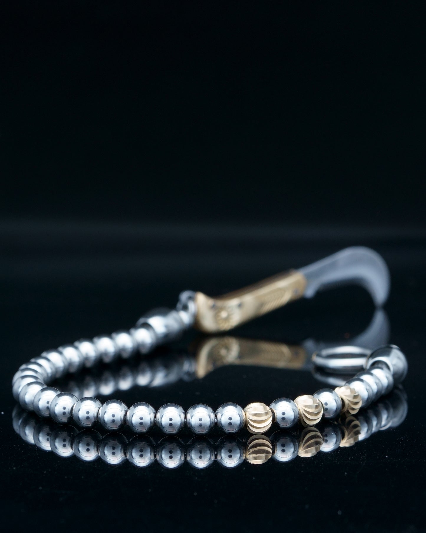 SIKH BRACELET | SILVER STEEL BEADS | 3 CURVED BRASS GEM | 6MM