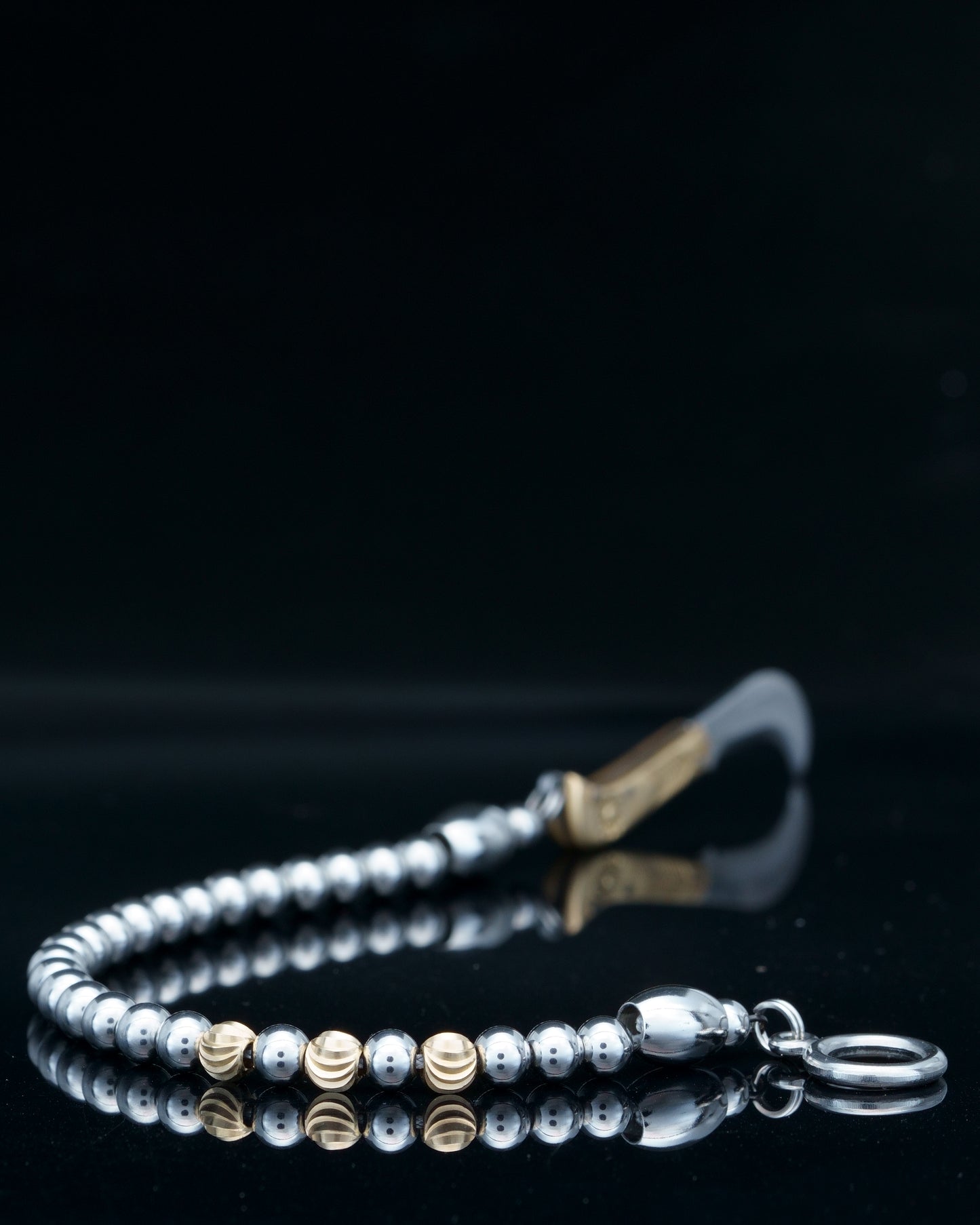 SIKH BRACELET | SILVER STEEL BEADS | 3 CURVED BRASS GEM | 6MM