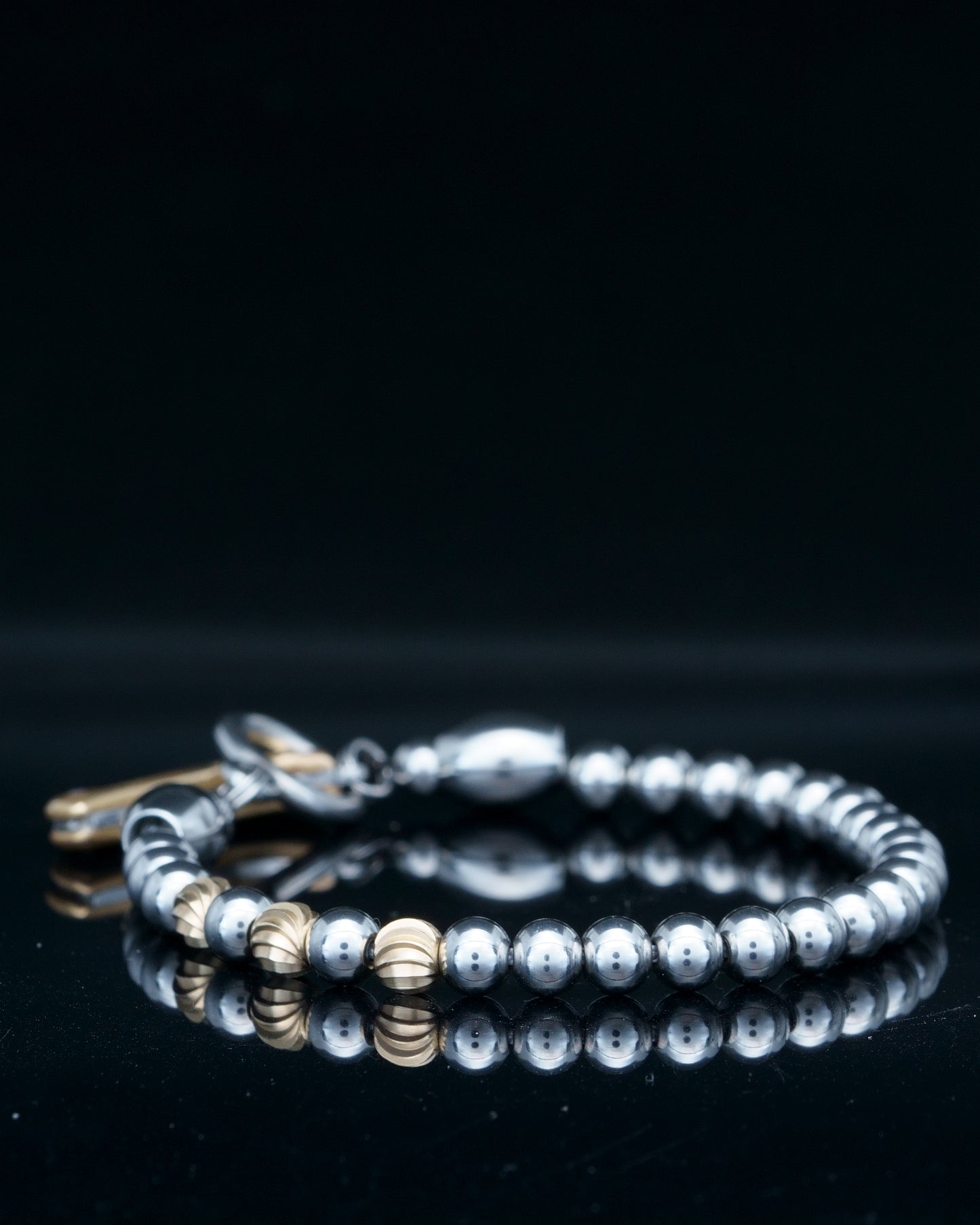 SIKH BRACELET | SILVER STEEL BEADS | 3 CURVED BRASS GEM | 6MM