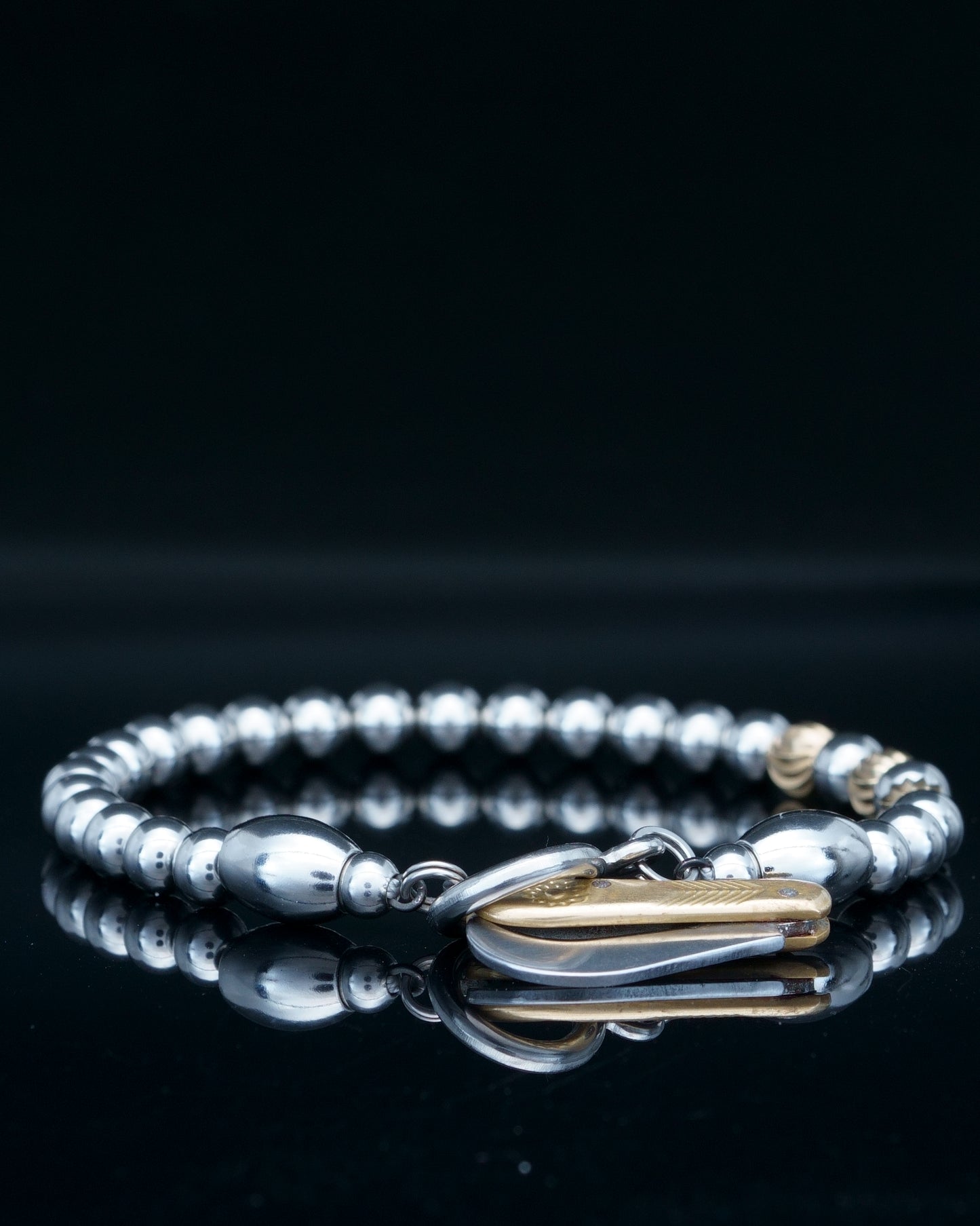 SIKH BRACELET | SILVER STEEL BEADS | 3 CURVED BRASS GEM | 6MM