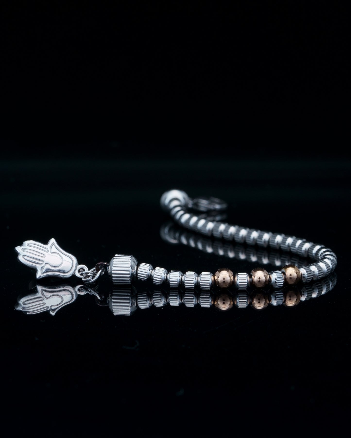 PANCHA BRACELET | LINED SILVER STEEL BEADS | ROSE GOLD STEEL GEM | 4 MM