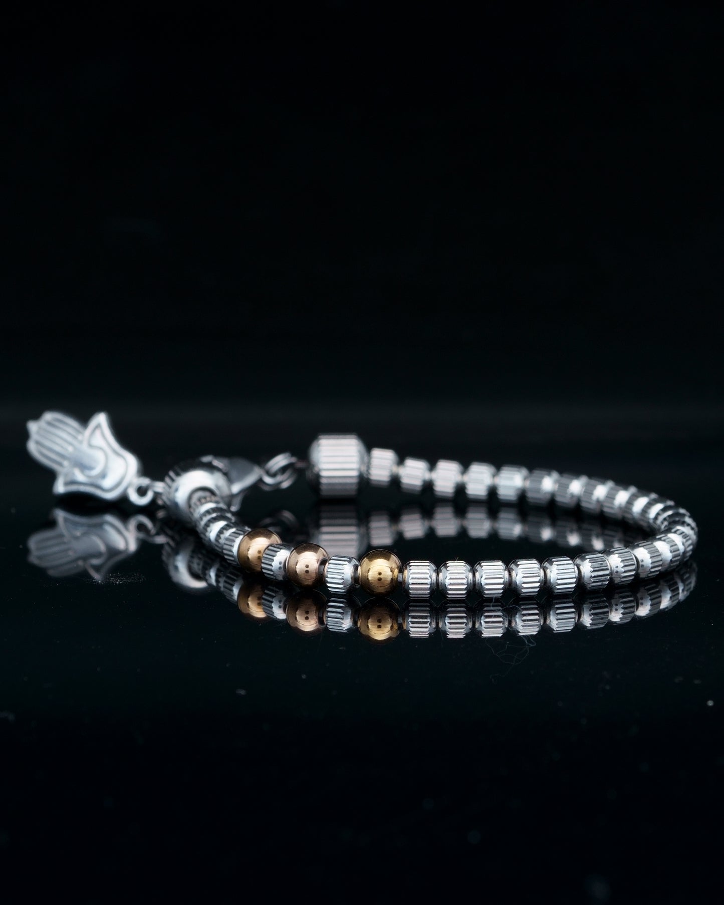 PANCHA BRACELET | LINED SILVER STEEL BEADS | ROSE GOLD STEEL GEM | 4 MM