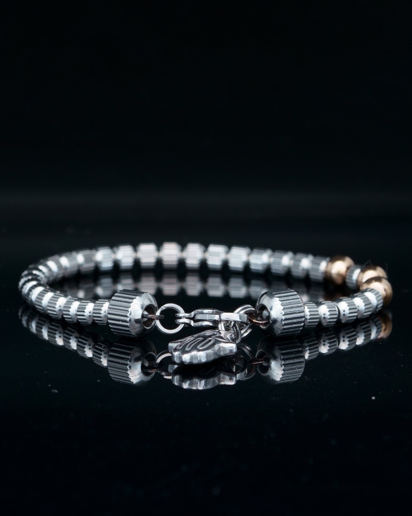 PANCHA BRACELET | LINED SILVER STEEL BEADS | ROSE GOLD STEEL GEM | 4 MM