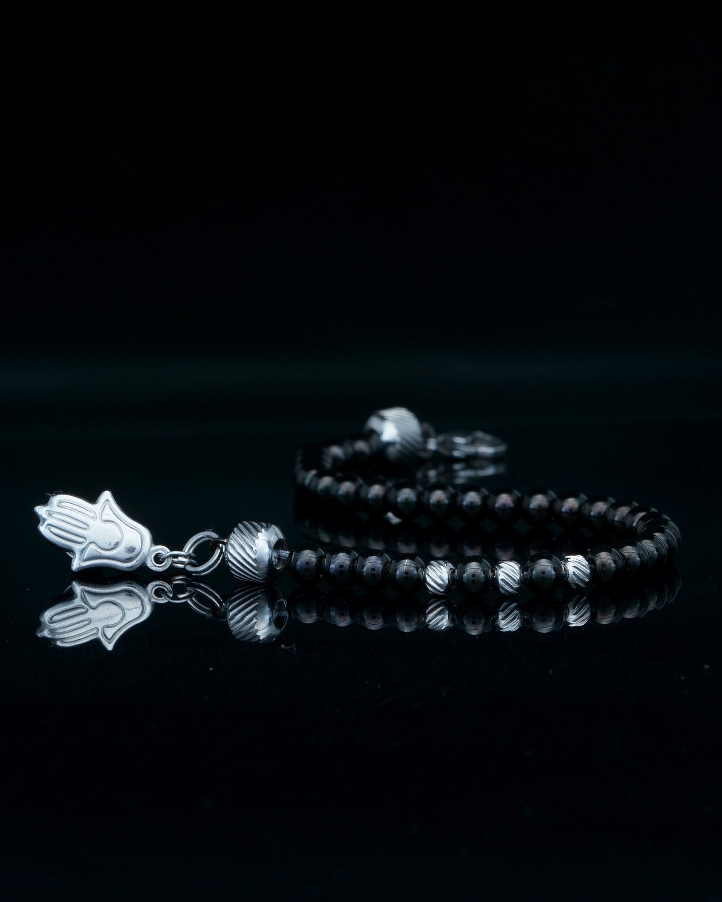 PANCHA BRACELET | BLACK STEEL BEADS | CURVED STEEL GEM | 4MM