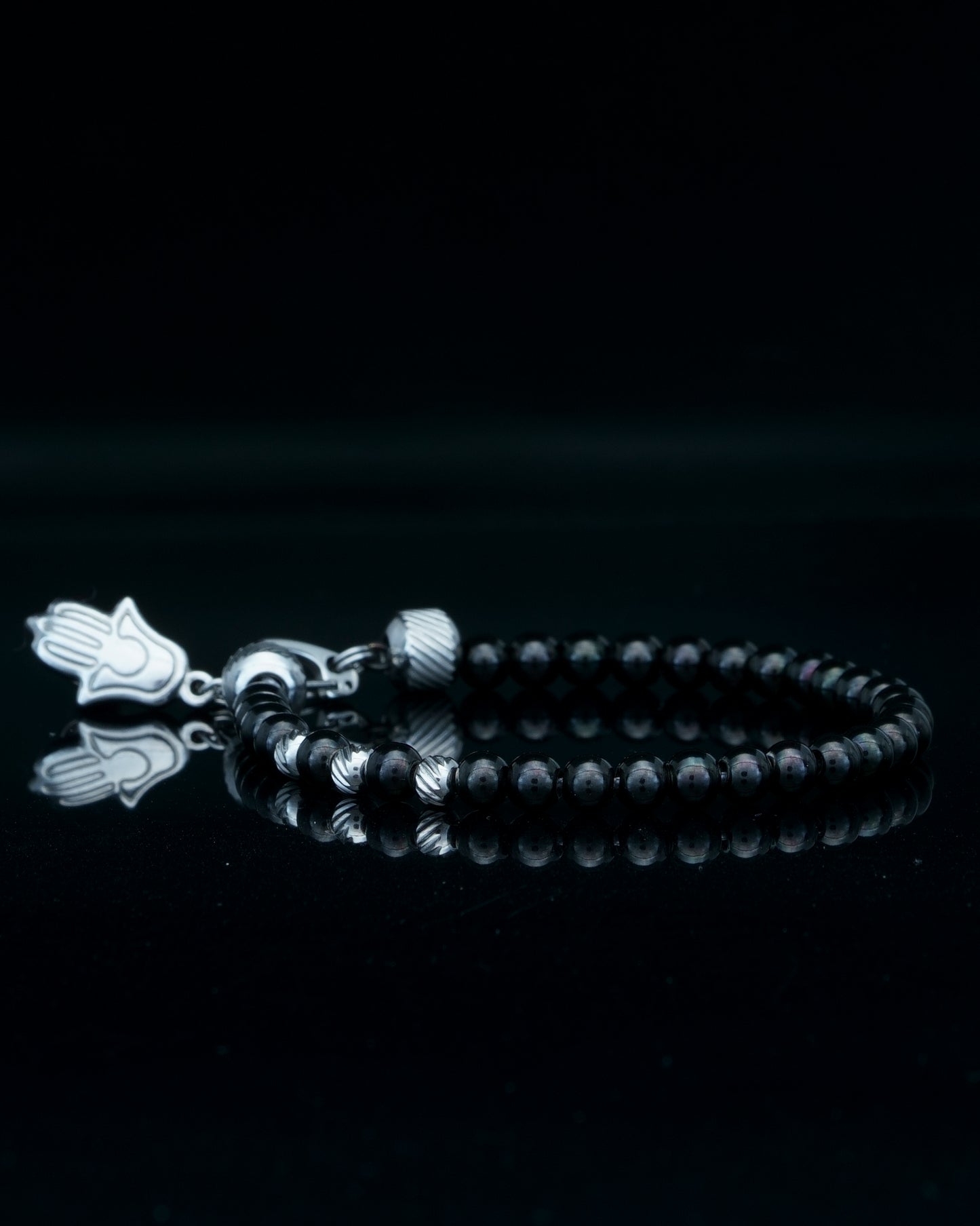 PANCHA BRACELET | BLACK STEEL BEADS | CURVED STEEL GEM | 4MM