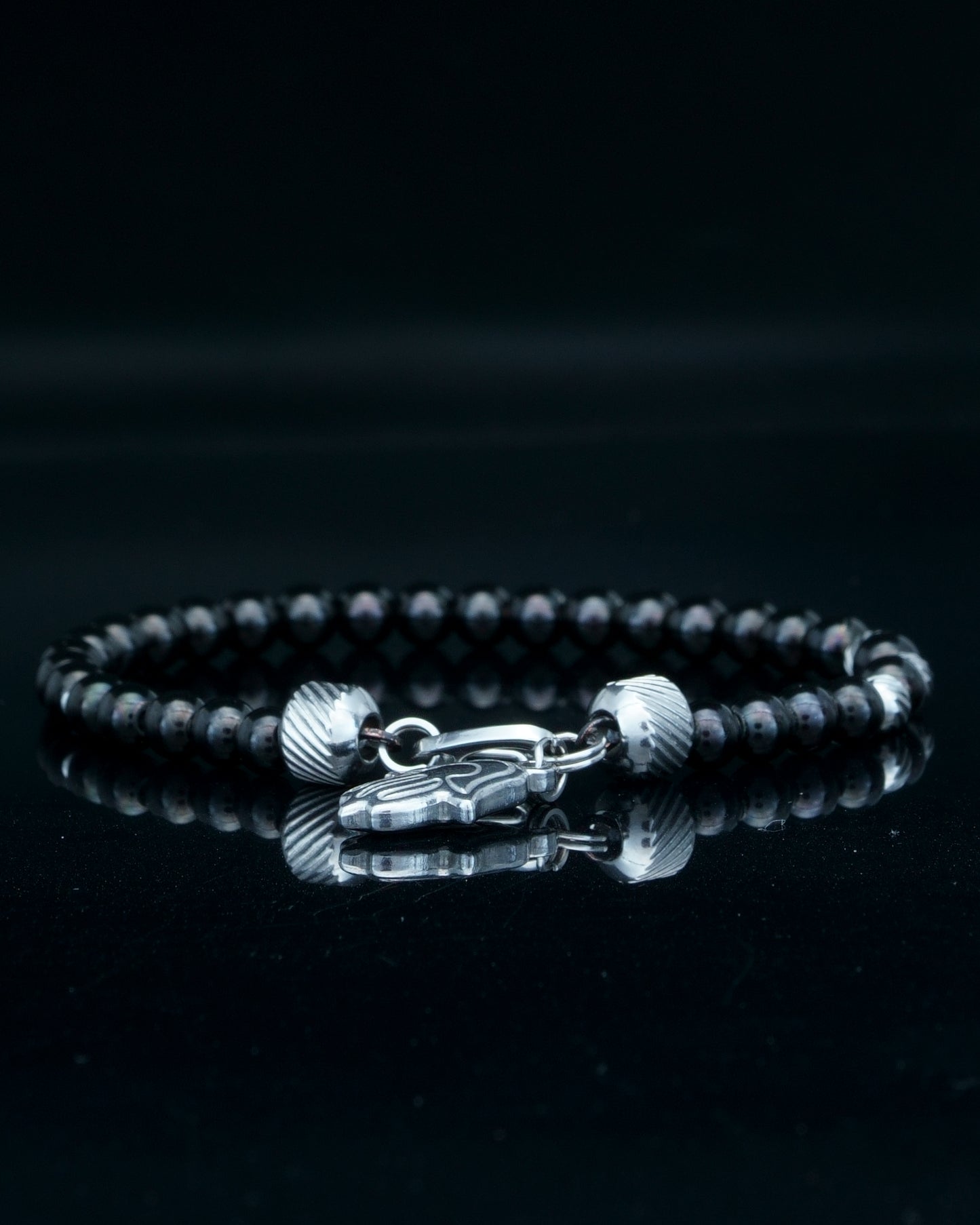 PANCHA BRACELET | BLACK STEEL BEADS | CURVED STEEL GEM | 4MM