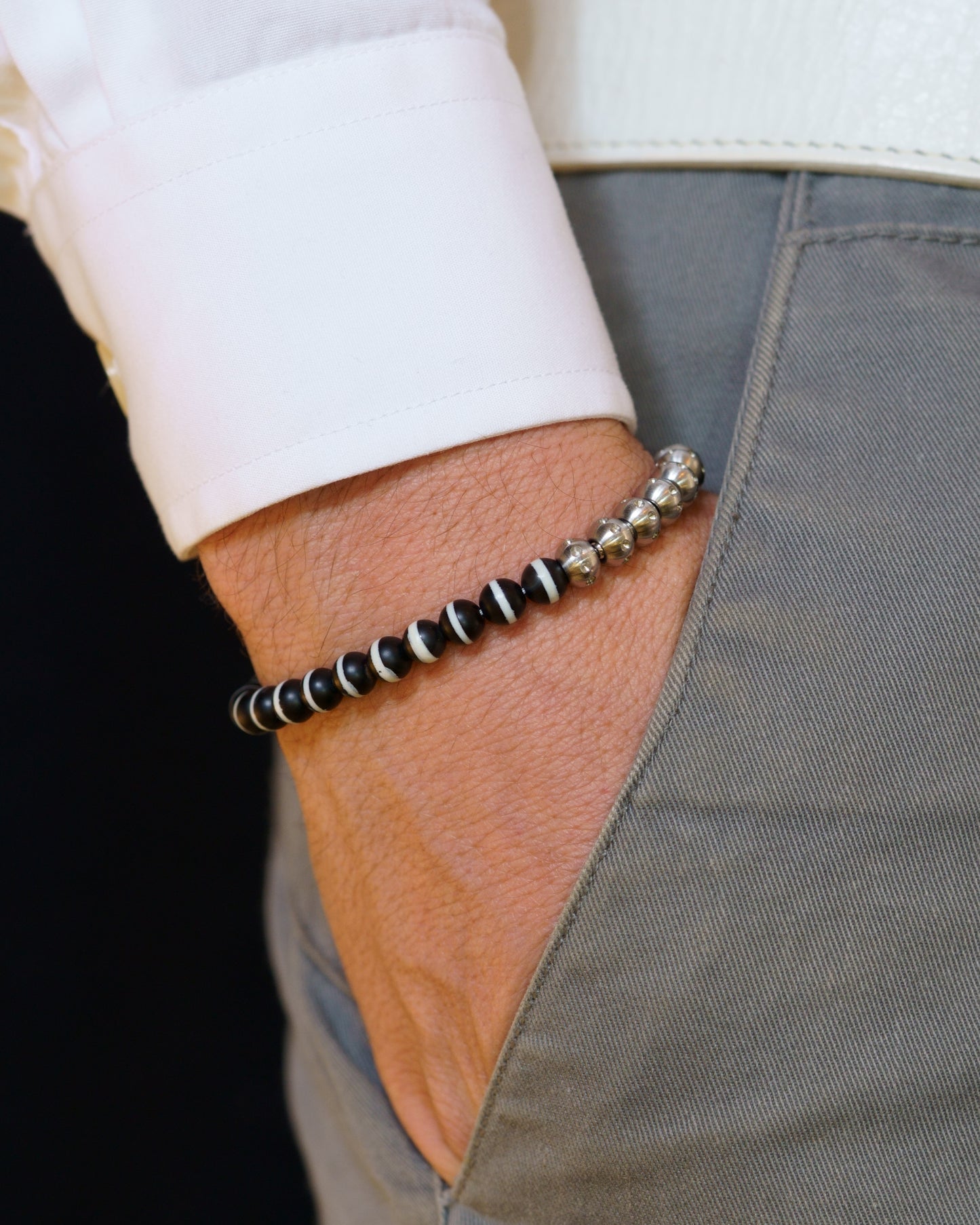 SIKH BRACELET 64 | BLACK DZI WHITE STRIPE ONYX | CROWN MATTE STEEL GEM
