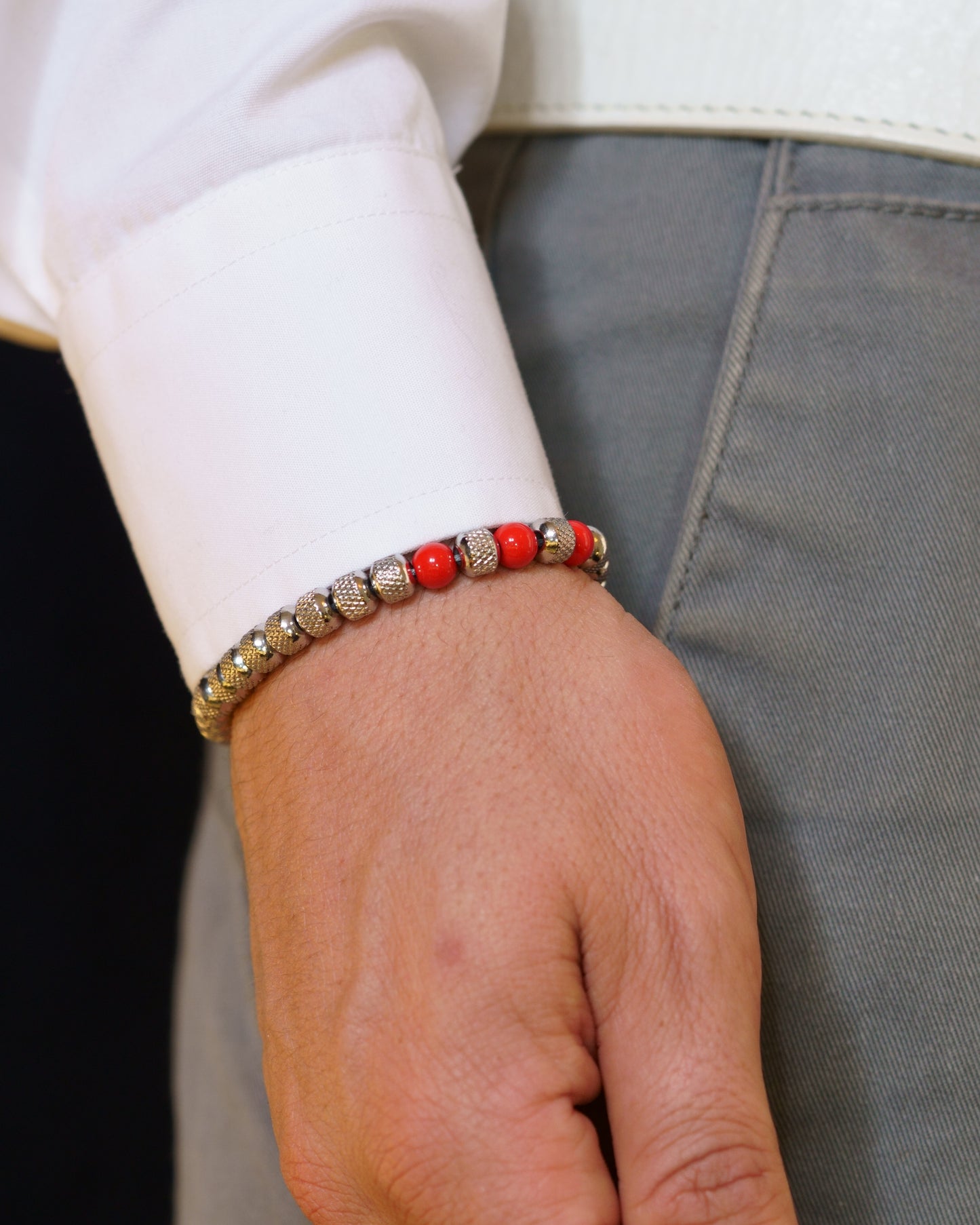 SIKH BRACELET | SILVER RUDRAKSHA STEEL | RED ENAMEL GEM | 6MM