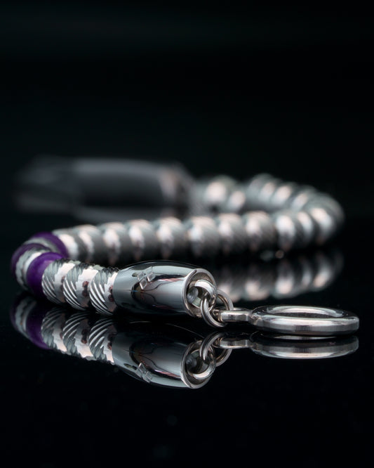 MUDRA BRACELET | SILVER OBLIQUE STEEL | PURPLE CHALCEDONY THREE DOTS
