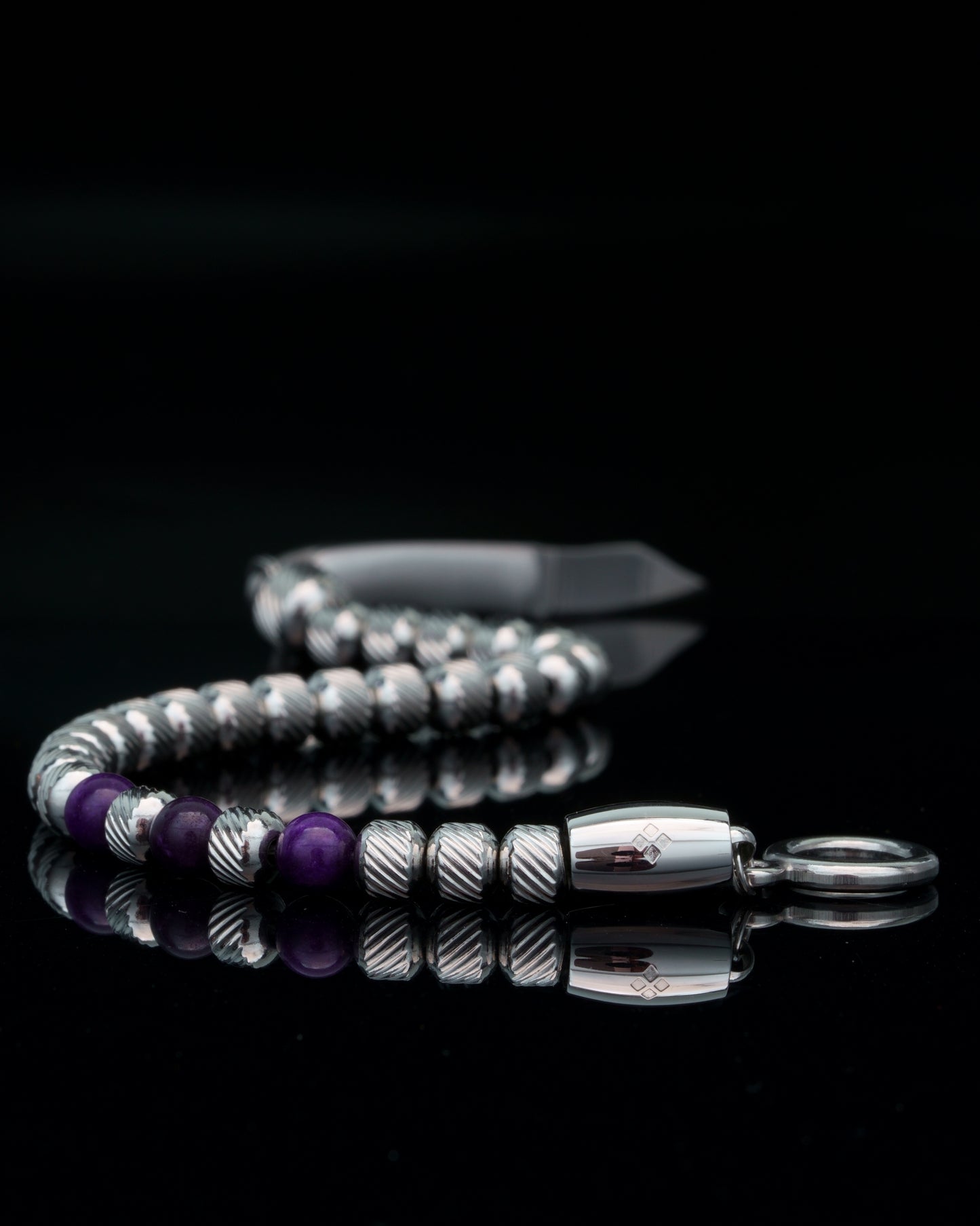 MUDRA BRACELET | SILVER OBLIQUE STEEL | PURPLE CHALCEDONY THREE DOTS