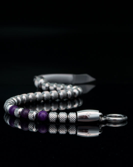 MUDRA BRACELET | SILVER OBLIQUE STEEL | PURPLE CHALCEDONY THREE DOTS
