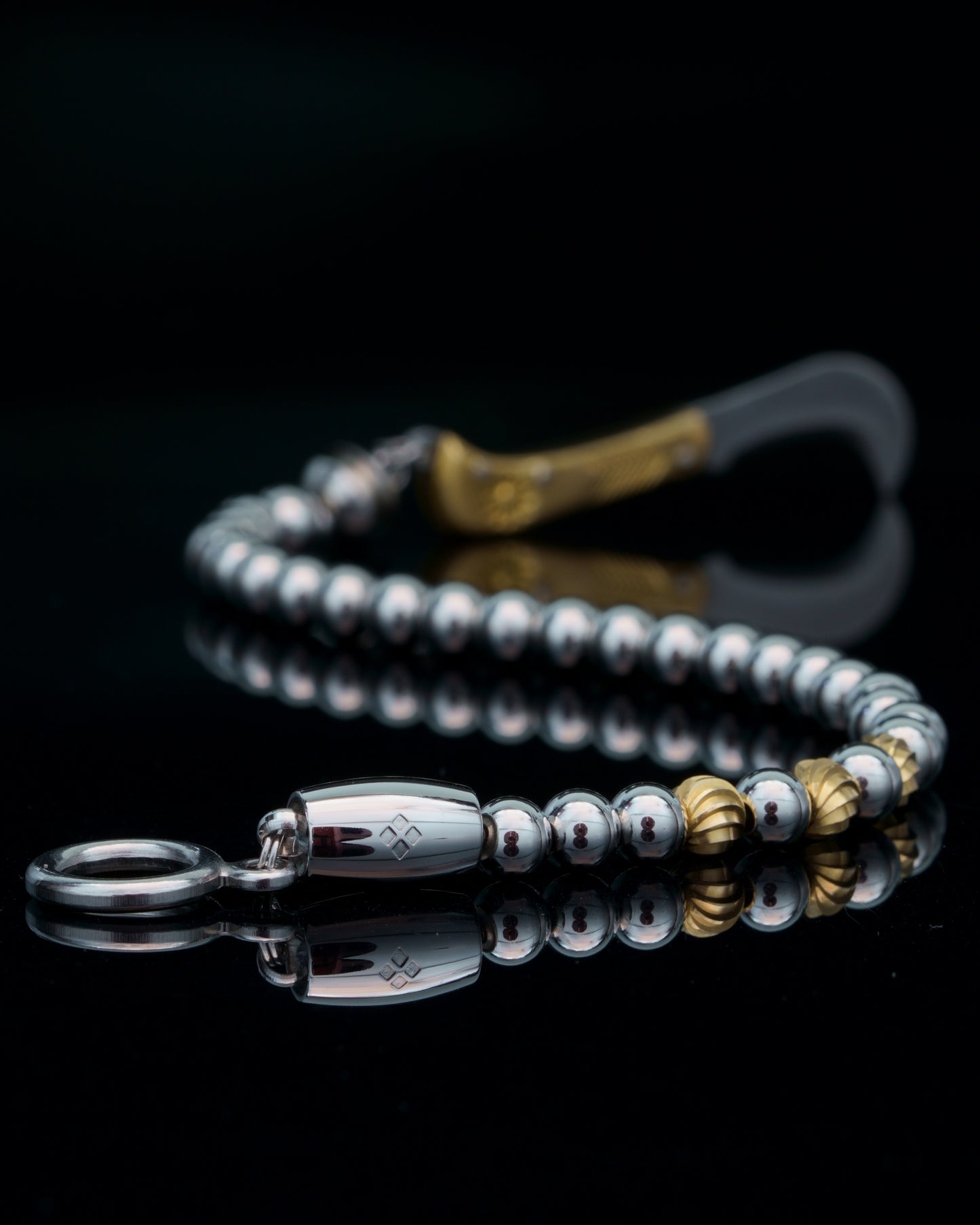 SIKH BRACELET | SILVER STEEL BEADS | 3 CURVED BRASS GEM | 6MM