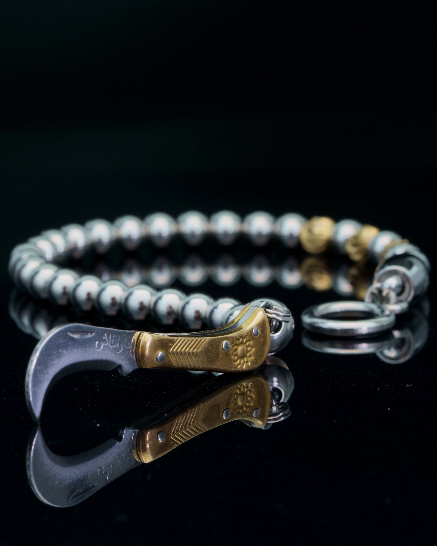 SIKH BRACELET | SILVER STEEL BEADS | 3 CURVED BRASS GEM | 6MM
