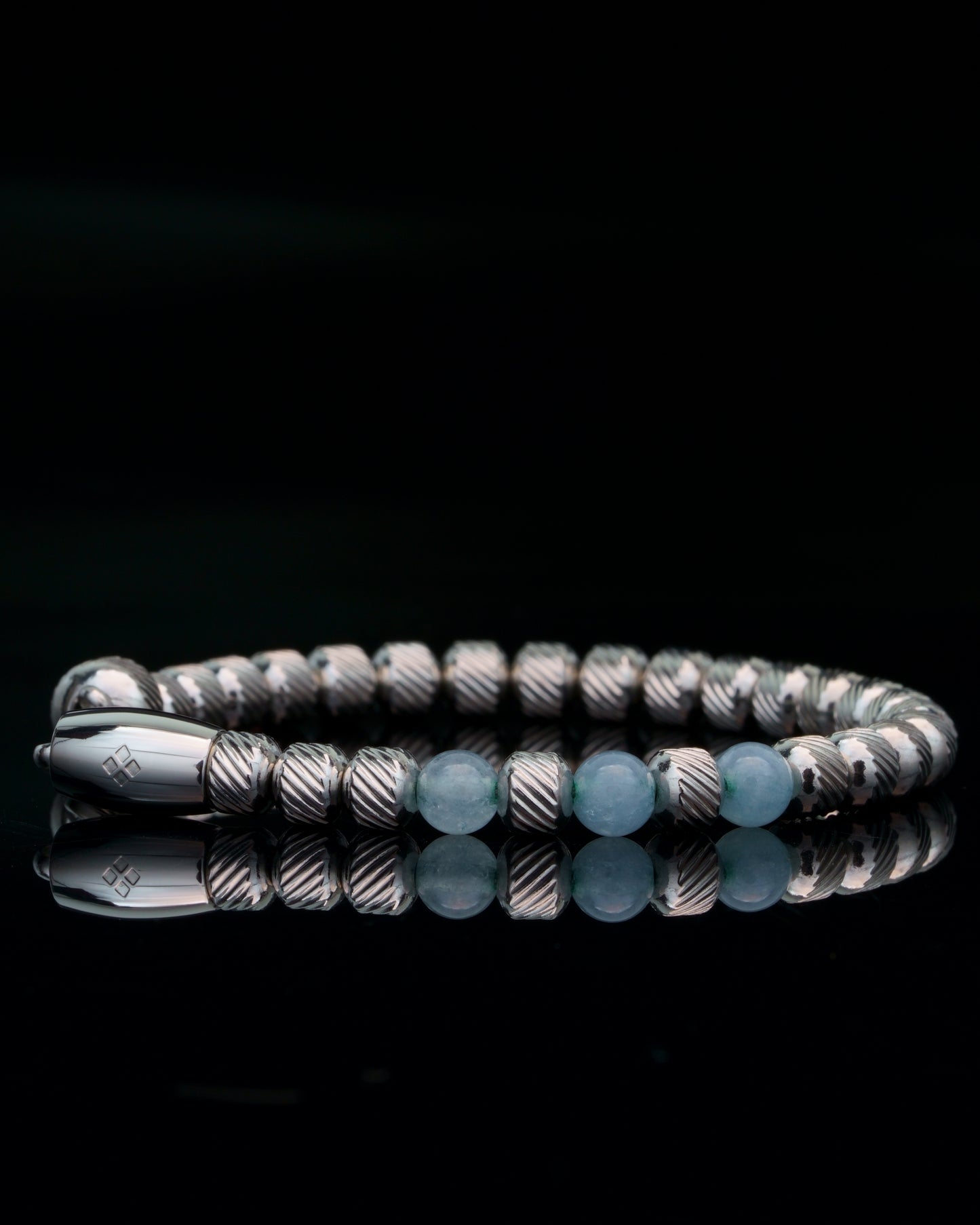 MUDRA BRACELET | SILVER OBLIQUE STEEL | LIGHT BLUE CHALCEDONY GEM | 6MM