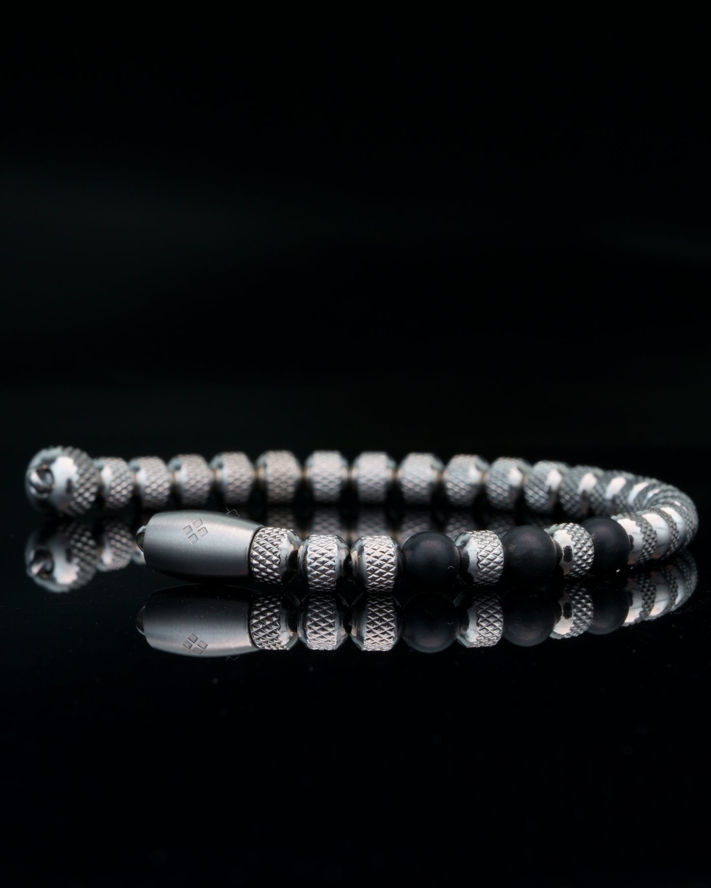 MUDRA BRACELET | SILVER RUDRAKSHA STEEL | MATTE BLACK RUSSSIA SHUNGITE GEM | 6MM