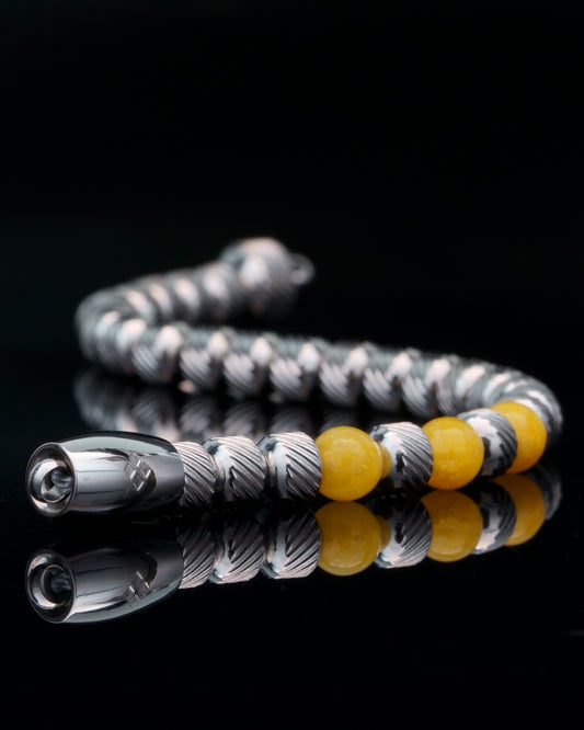 MUDRA BRACELET |  SILVER STEEL OBLIQUE TEXTURE |  YELLOW CHALCEDONY THREE DOTS