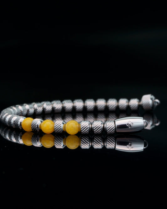 MUDRA BRACELET |  SILVER STEEL OBLIQUE TEXTURE |  YELLOW CHALCEDONY THREE DOTS