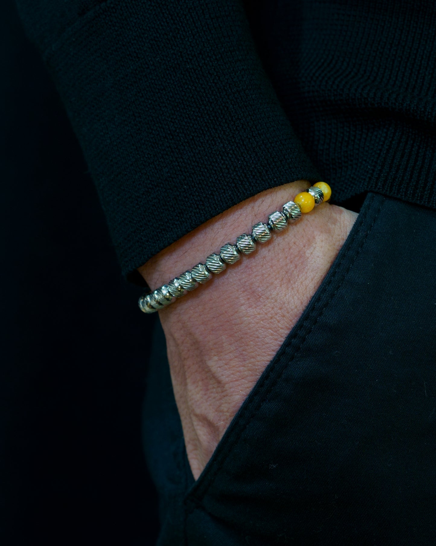 MUDRA BRACELET |  SILVER STEEL OBLIQUE TEXTURE |  YELLOW CHALCEDONY THREE DOTS
