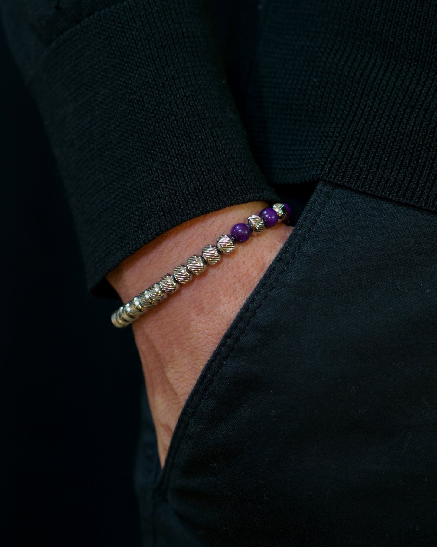 MUDRA BRACELET | SILVER OBLIQUE STEEL | PURPLE CHALCEDONY THREE DOTS