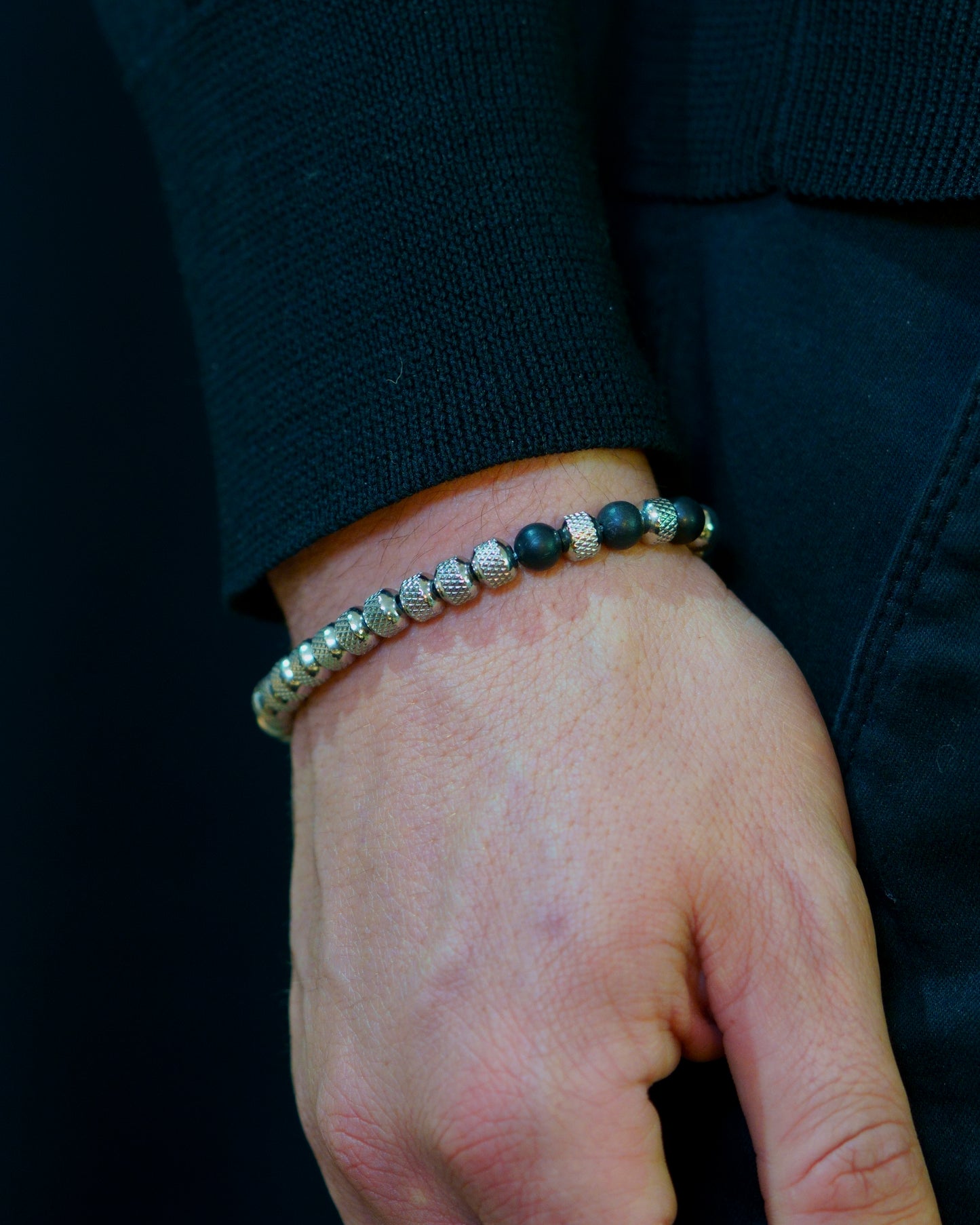 MUDRA BRACELET | SILVER RUDRAKSHA STEEL | MATTE BLACK RUSSSIA SHUNGITE GEM | 6MM
