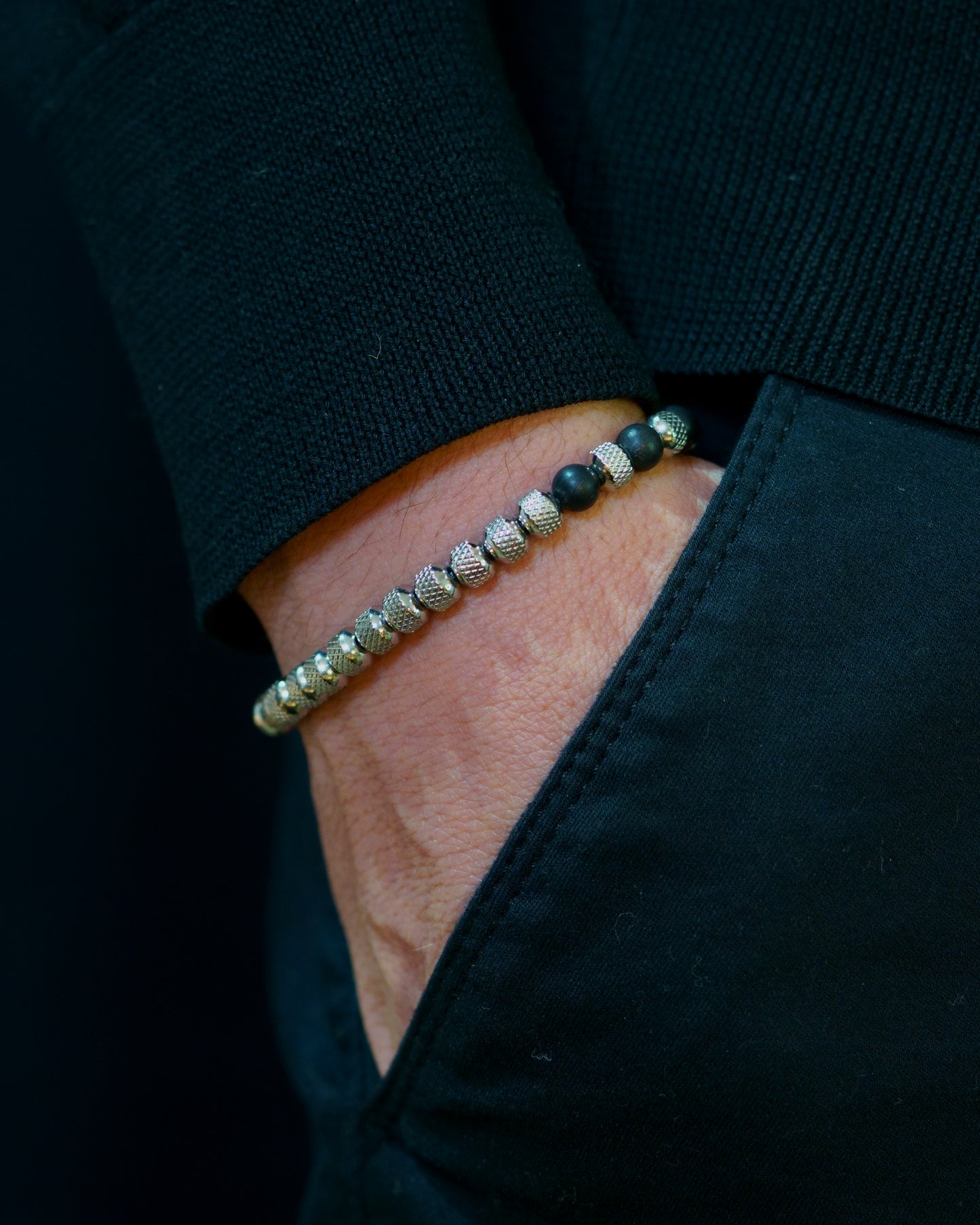 MUDRA BRACELET | SILVER RUDRAKSHA STEEL | MATTE BLACK RUSSSIA SHUNGITE GEM | 6MM