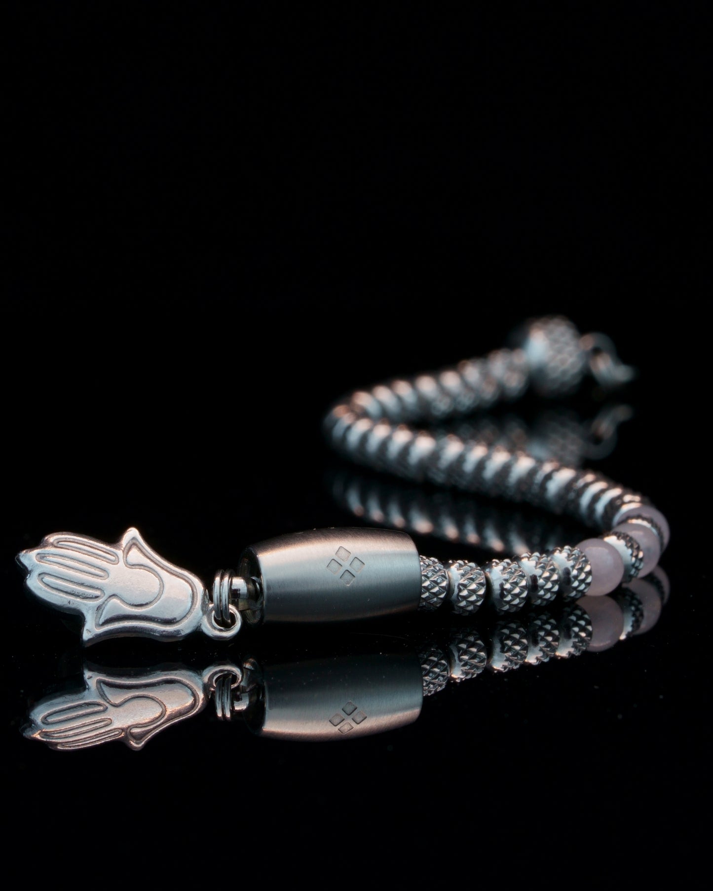 MUDRA BRACELET | RUDRAKSHA SILVER STEEL |  LIGHT PINK CHALCEDONY THREE DOTS